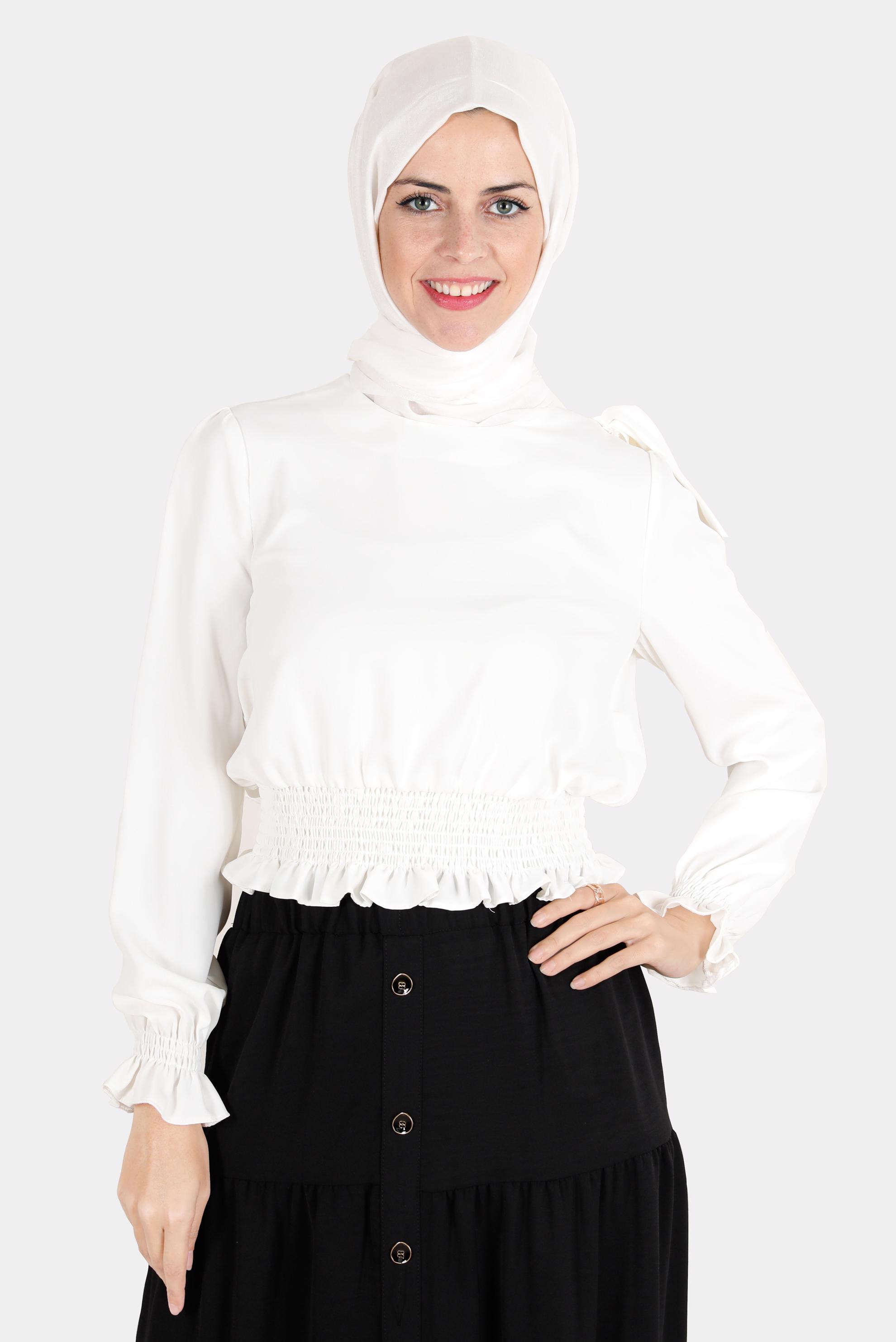 Hijab clothing WHITE ELASTIC WAIST BOW-TIE DETAIL BLOUSE 42755 