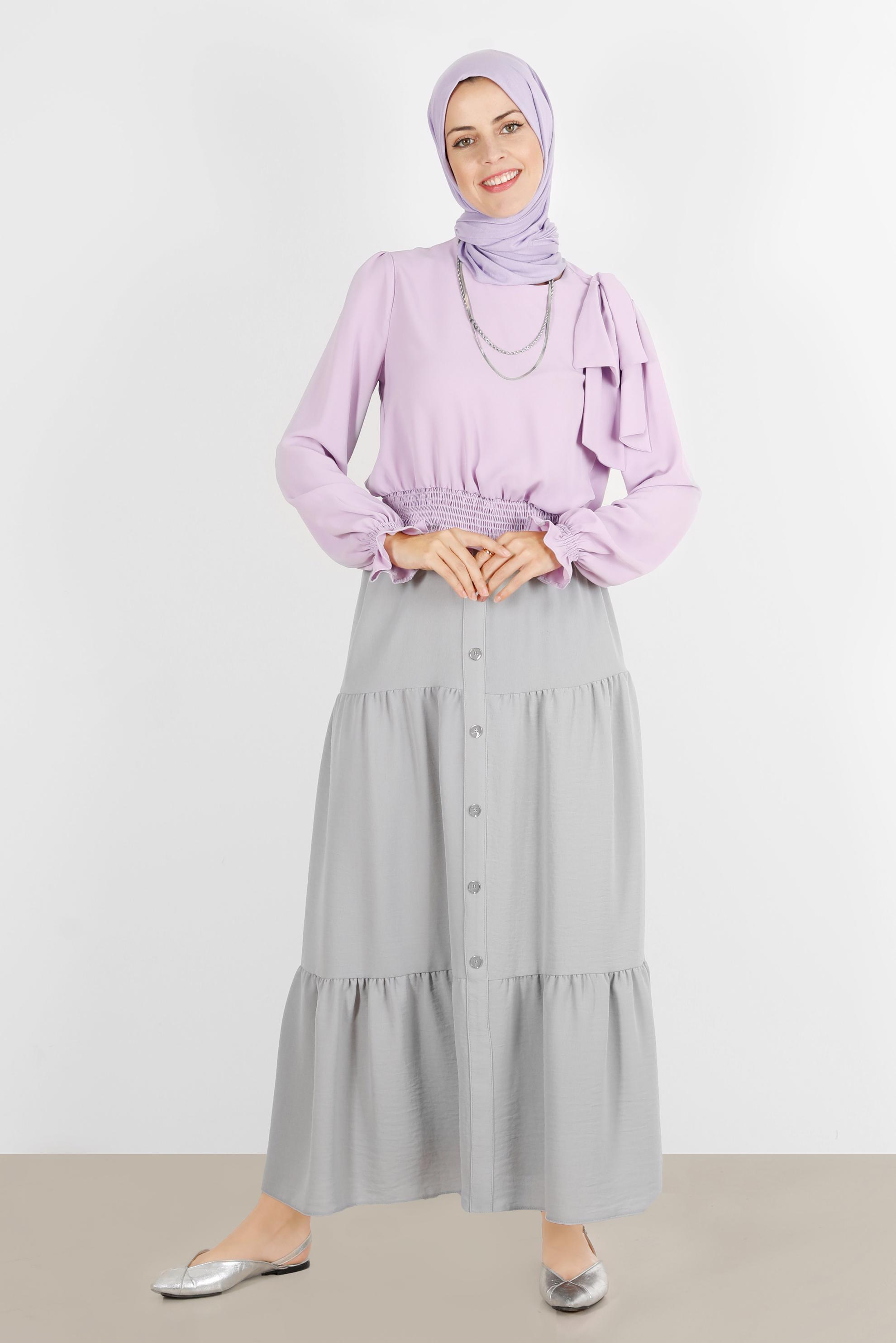 Hijab clothing PURPLE ELASTIC WAIST BOW-TIE DETAIL BLOUSE 42755 