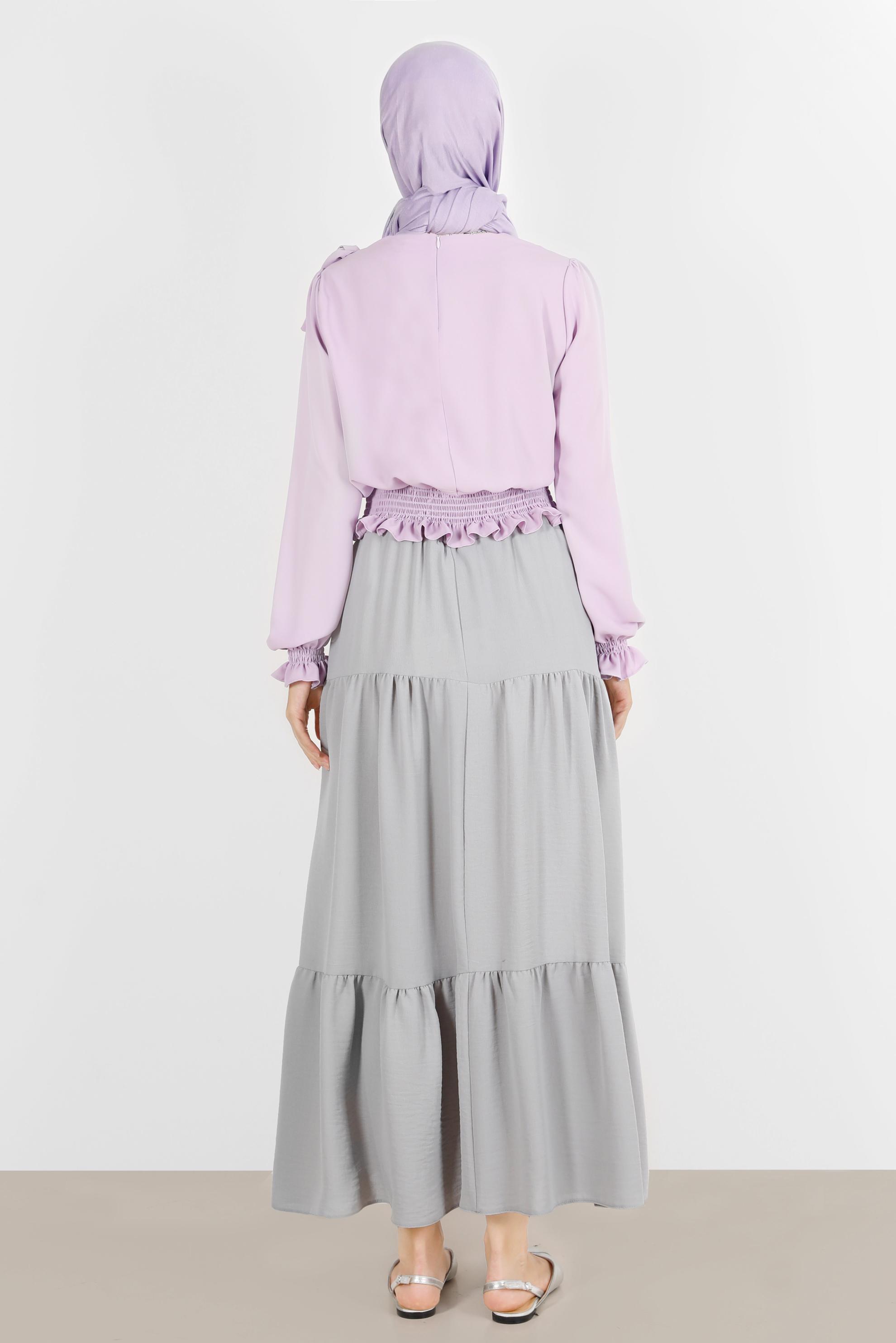 Hijab clothing PURPLE ELASTIC WAIST BOW-TIE DETAIL BLOUSE 42755 