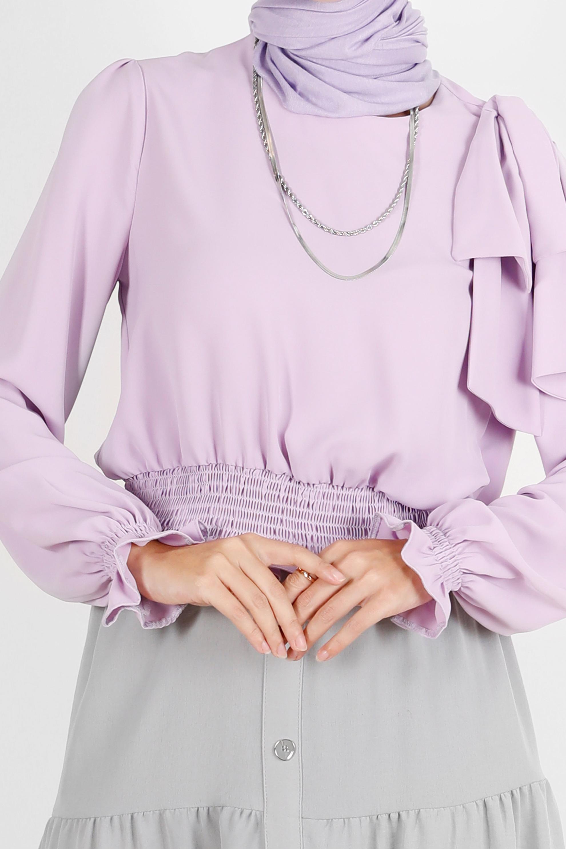 Hijab clothing PURPLE ELASTIC WAIST BOW-TIE DETAIL BLOUSE 42755 