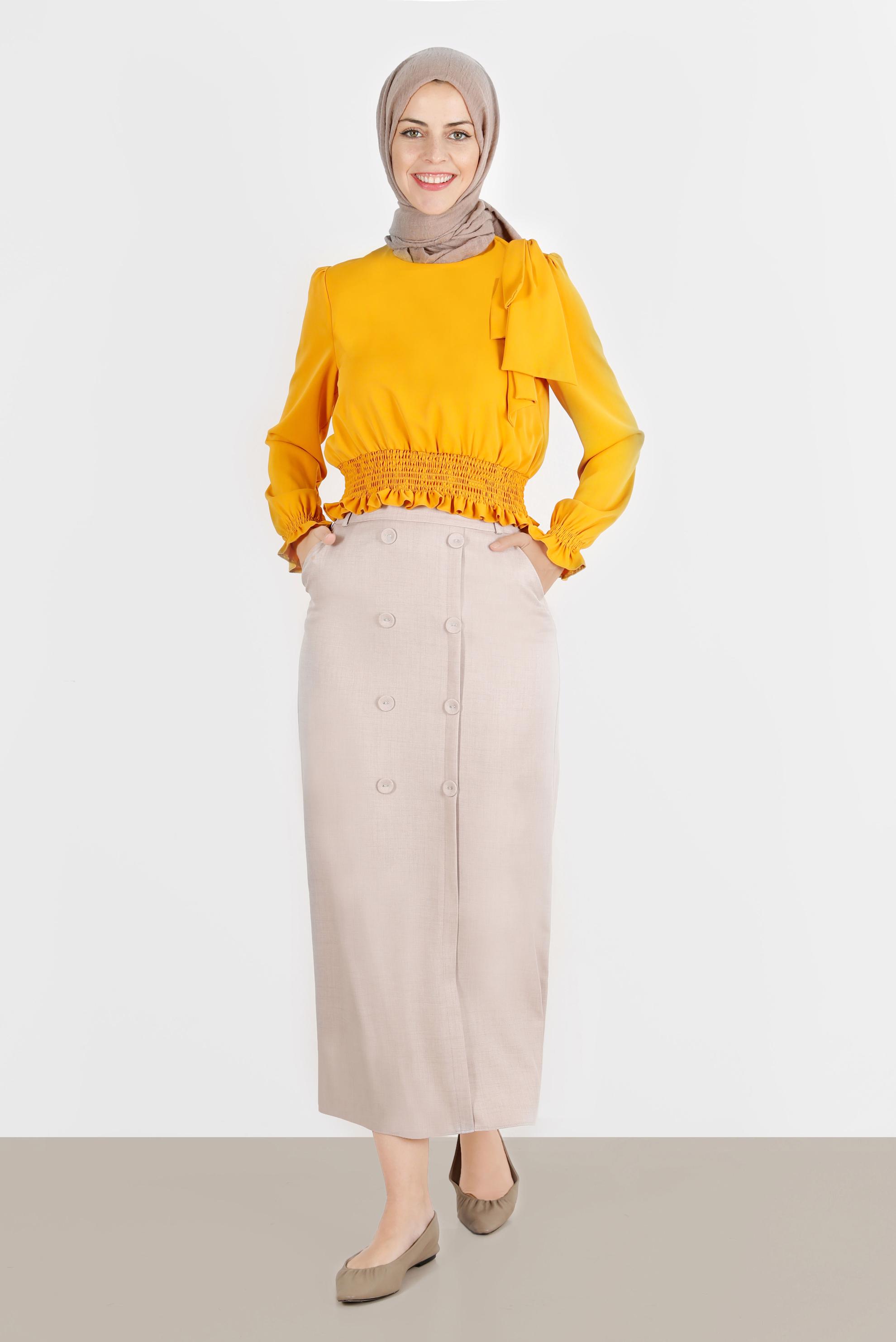 Vêtements hijab ORANGE BLOUSE TAILLE ÉLASTIQUE DÉTAIL NOEUD 42755