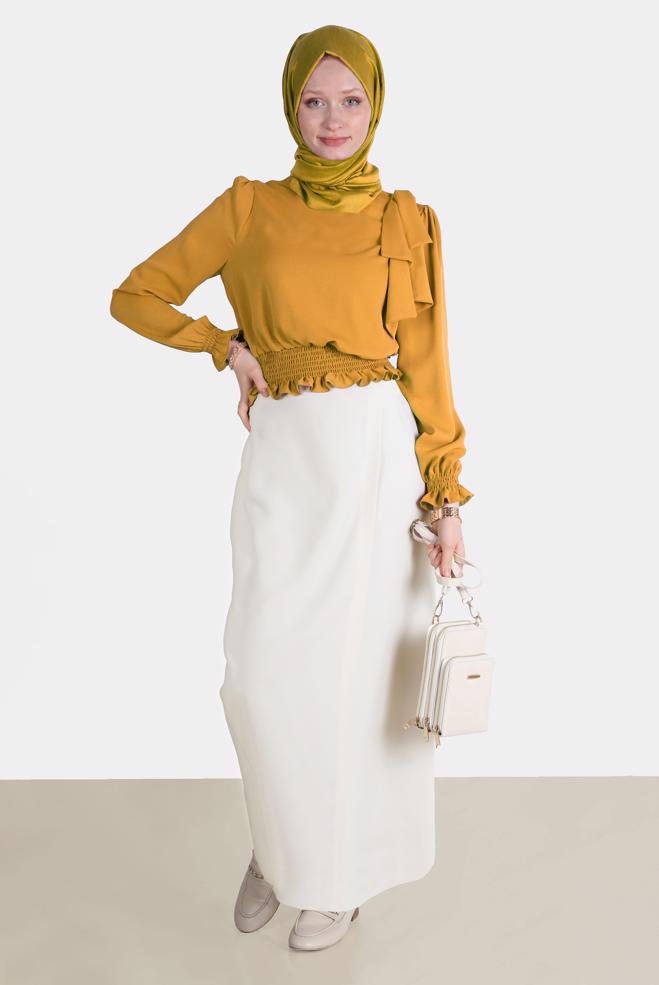 Tesettür giyim SARI BELİ LASTİKLİ FİYONK DETAYLI BLUZ 42755	 - ALVİNA