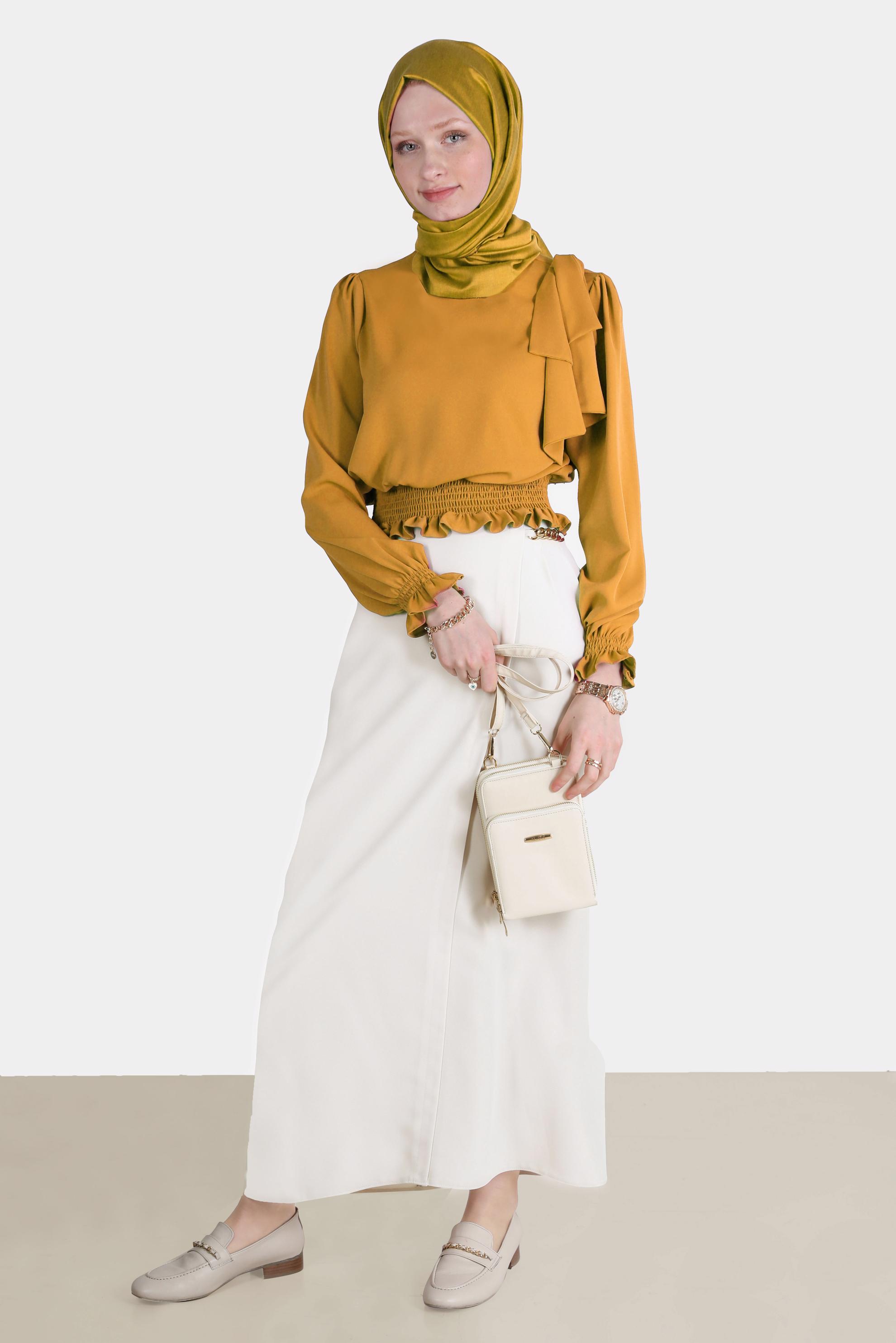 Tesettür giyim SARI BELİ LASTİKLİ FİYONK DETAYLI BLUZ 42755	