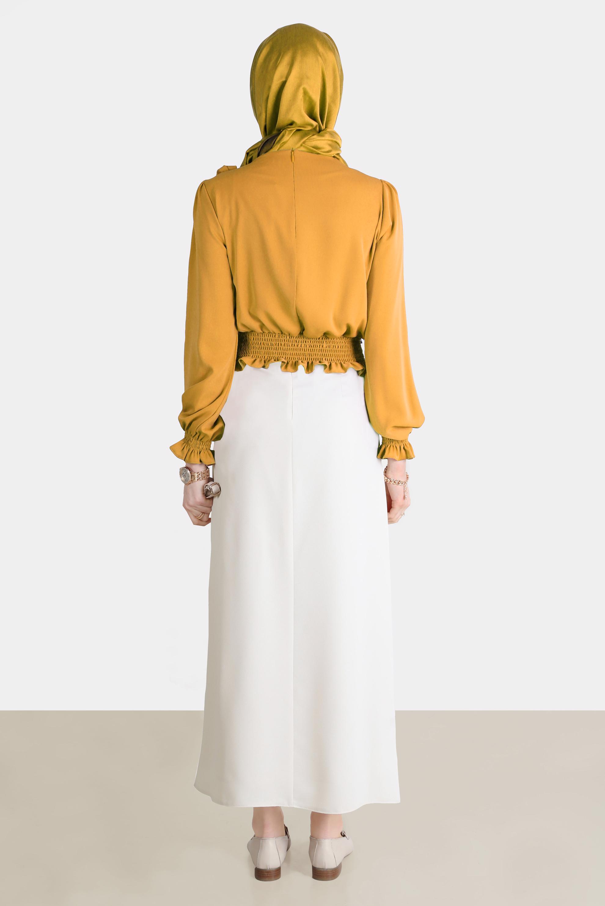 Tesettür giyim SARI BELİ LASTİKLİ FİYONK DETAYLI BLUZ 42755	