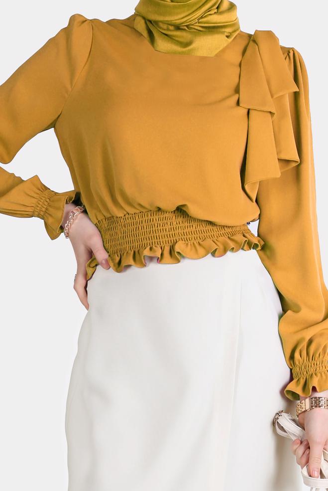Tesettür giyim SARI BELİ LASTİKLİ FİYONK DETAYLI BLUZ 42755	 - ALVİNA