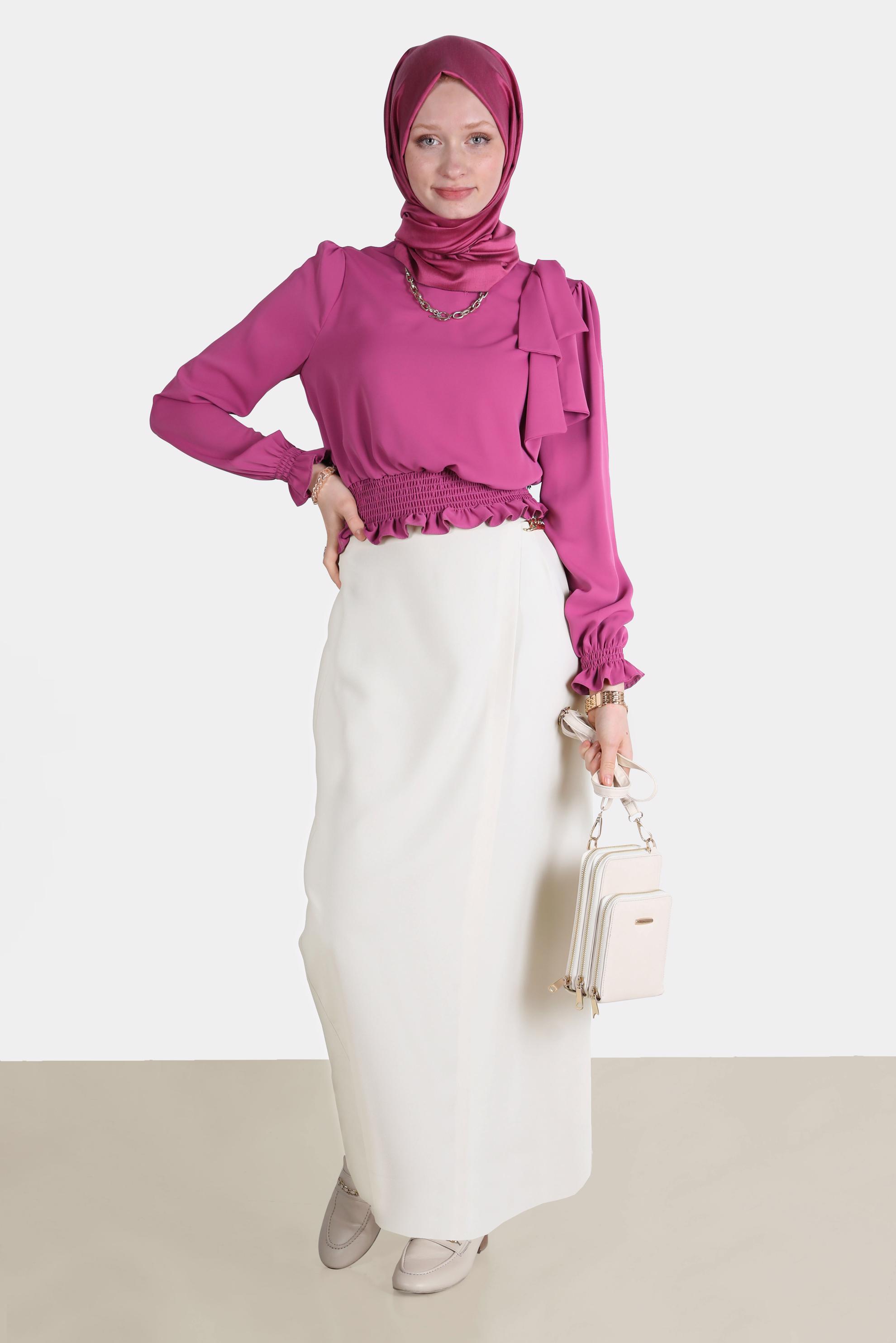 Tesettür giyim FUŞYA BELİ LASTİKLİ FİYONK DETAYLI BLUZ 42755	
