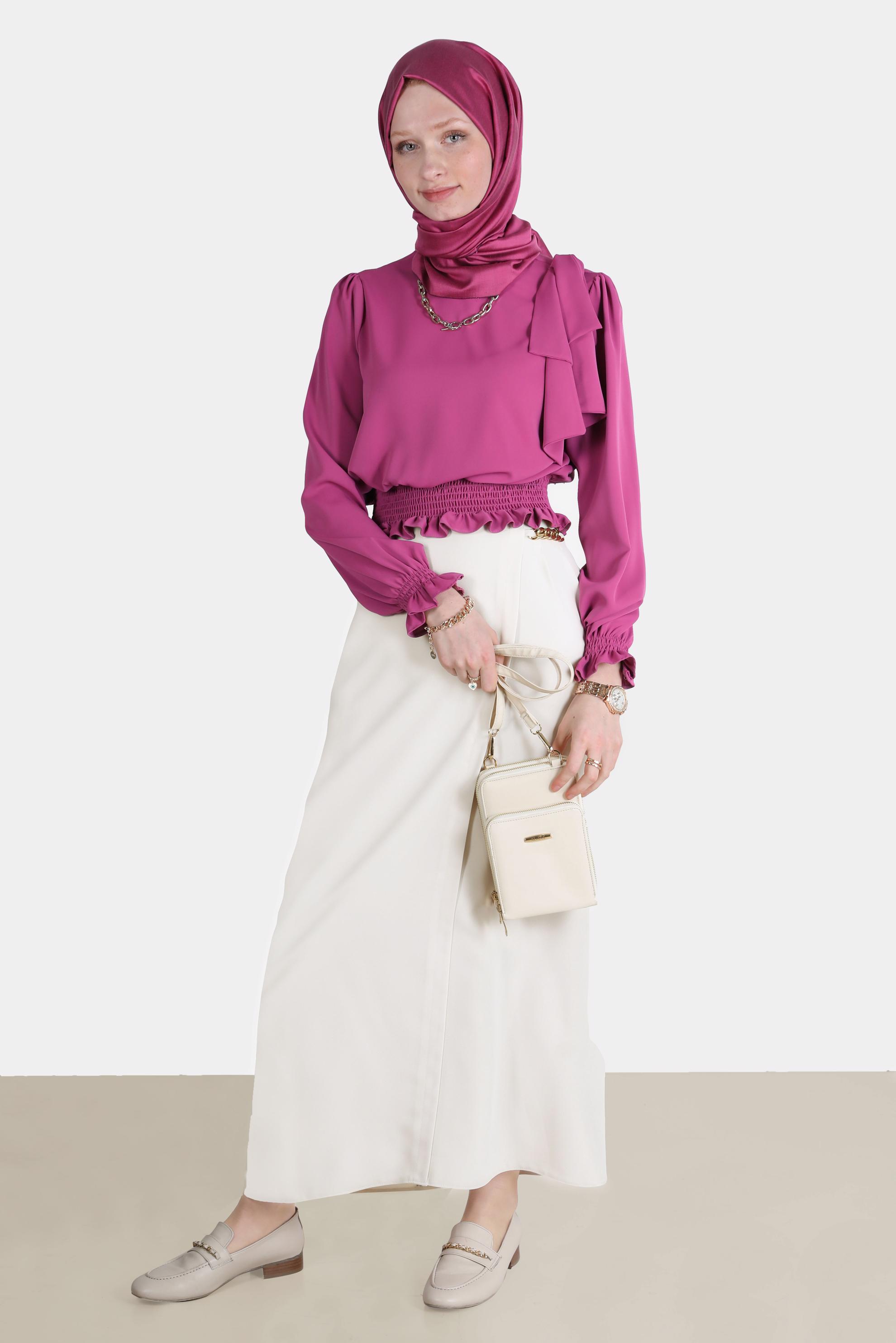 Tesettür giyim FUŞYA BELİ LASTİKLİ FİYONK DETAYLI BLUZ 42755	