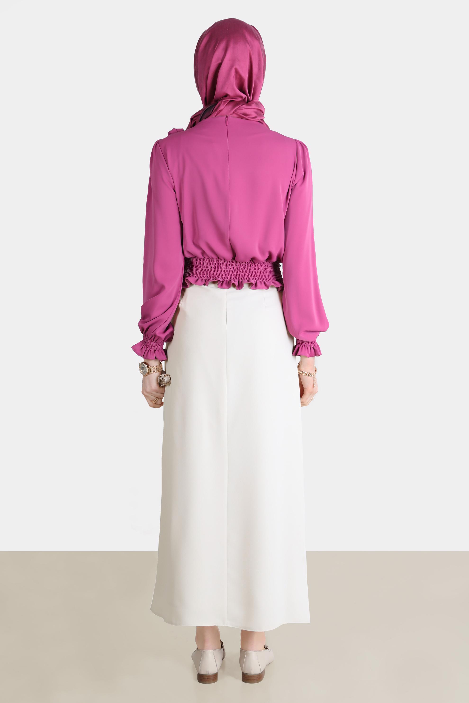 Tesettür giyim FUŞYA BELİ LASTİKLİ FİYONK DETAYLI BLUZ 42755	