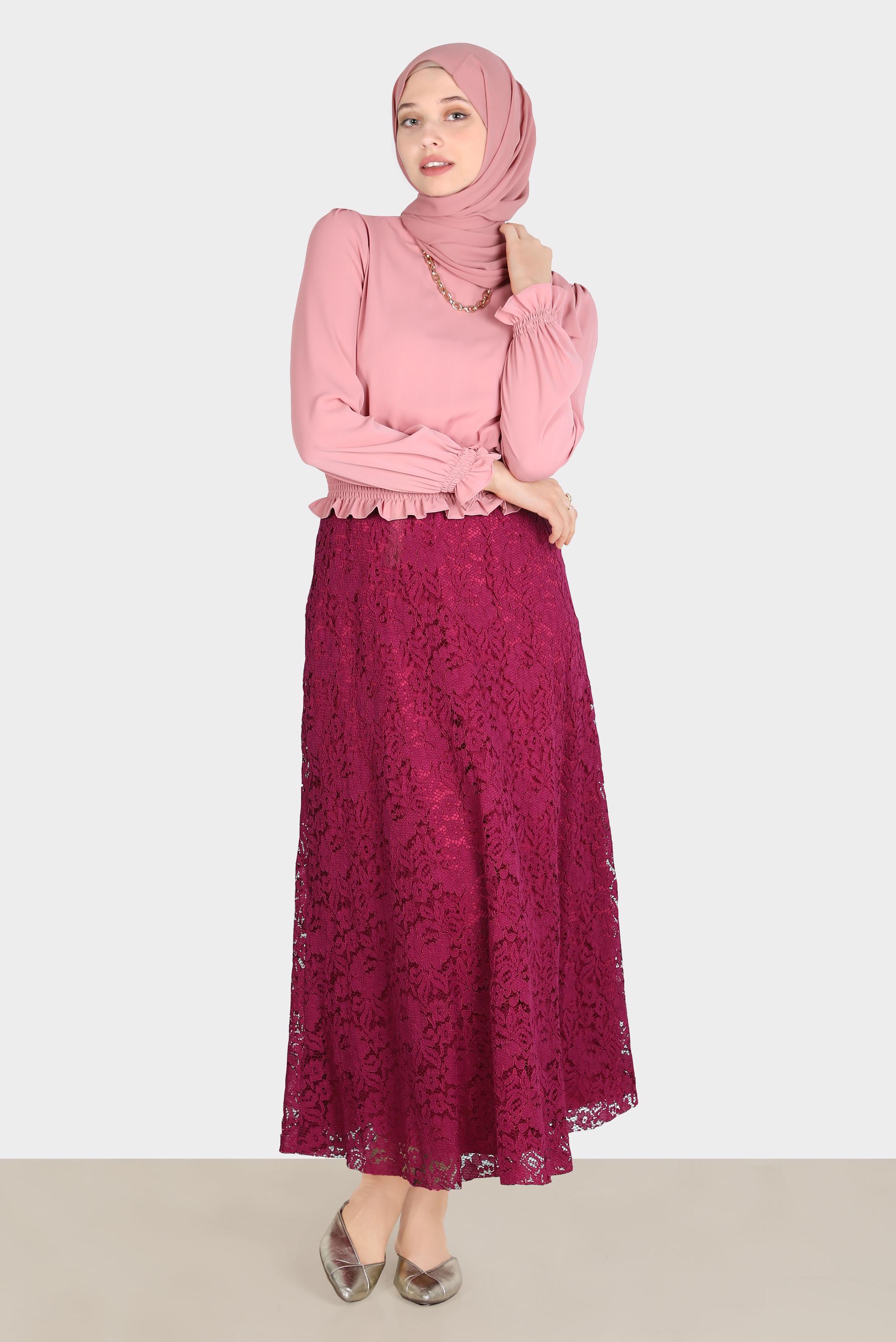 Tesettür giyim PUDRA BELİ LASTİKLİ FİYONK DETAYLI BLUZ 42755	