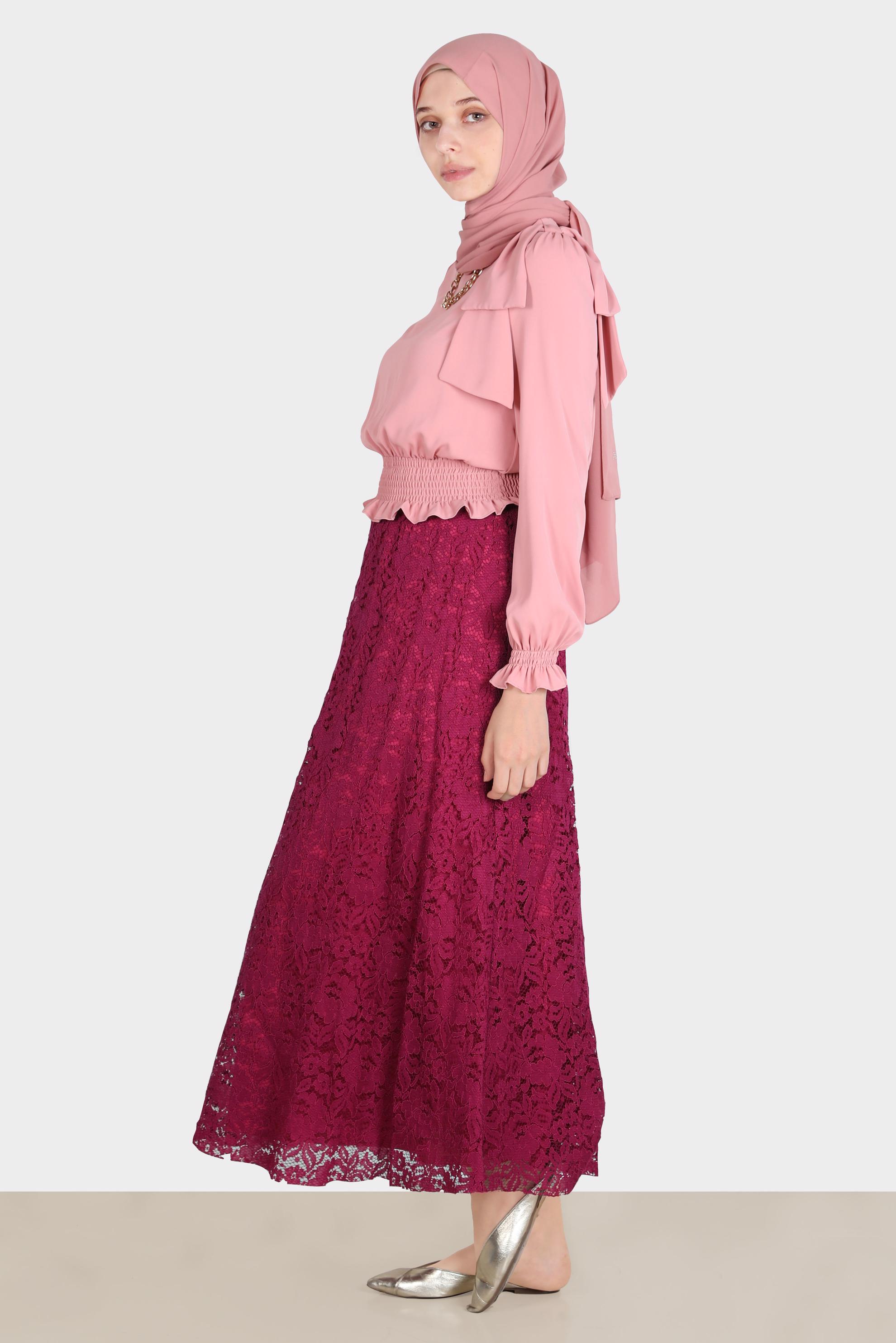 Tesettür giyim PUDRA BELİ LASTİKLİ FİYONK DETAYLI BLUZ 42755	