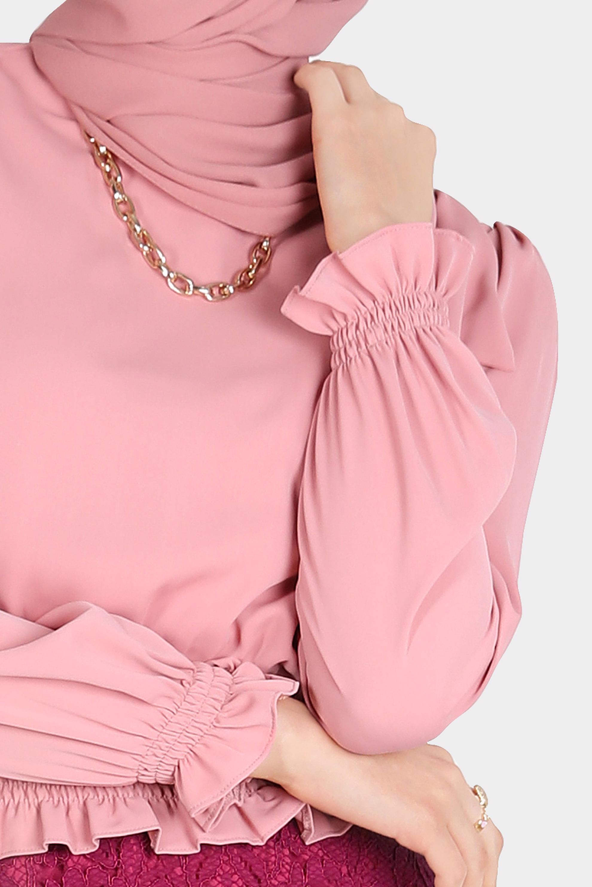 Tesettür giyim PUDRA BELİ LASTİKLİ FİYONK DETAYLI BLUZ 42755	