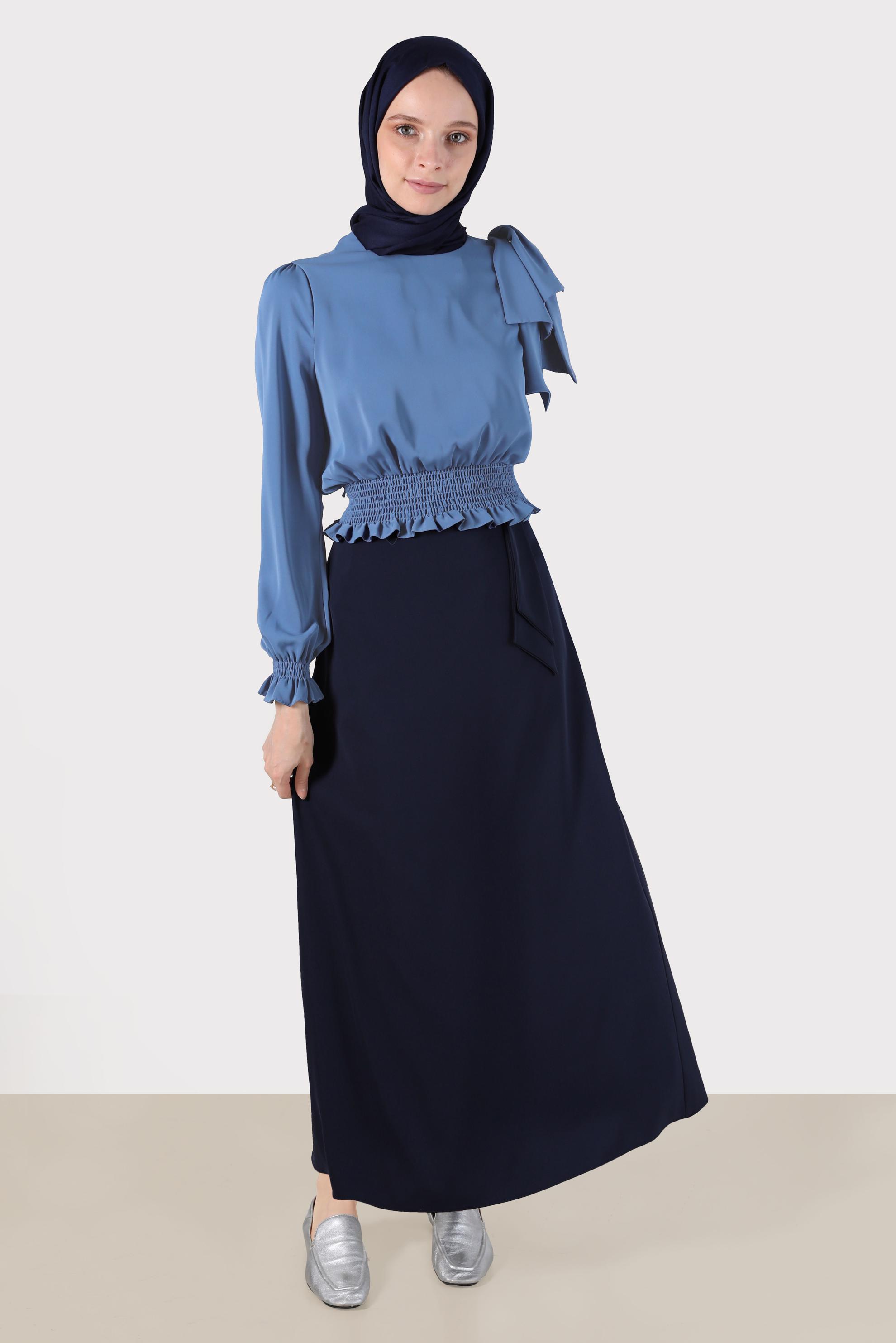 Tesettür giyim LACİVERT BELİ LASTİKLİ FİYONK DETAYLI BLUZ 42755	