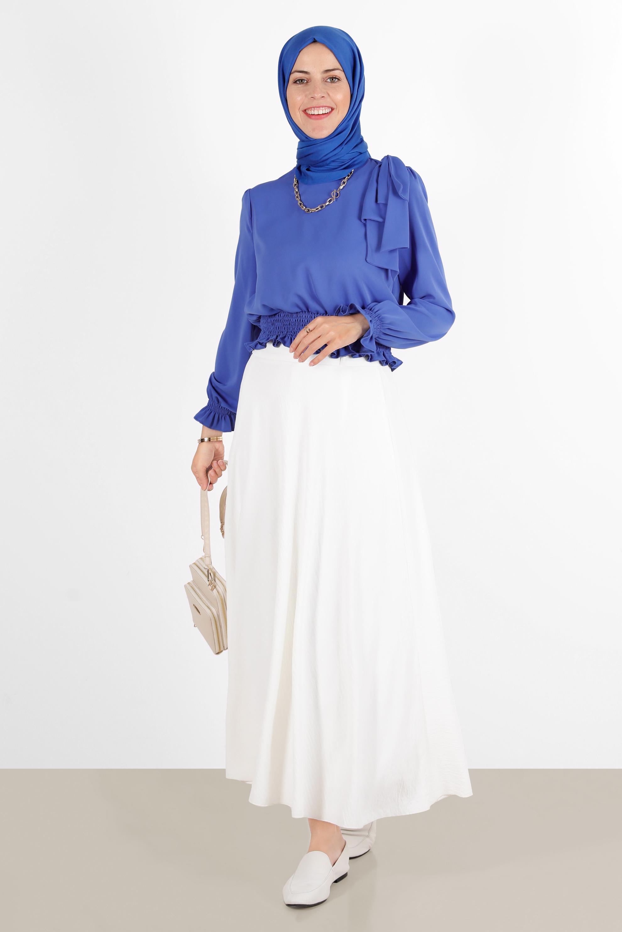 Hijab clothing NAVY BLUE ELASTIC WAIST BOW-TIE DETAIL BLOUSE 42755 