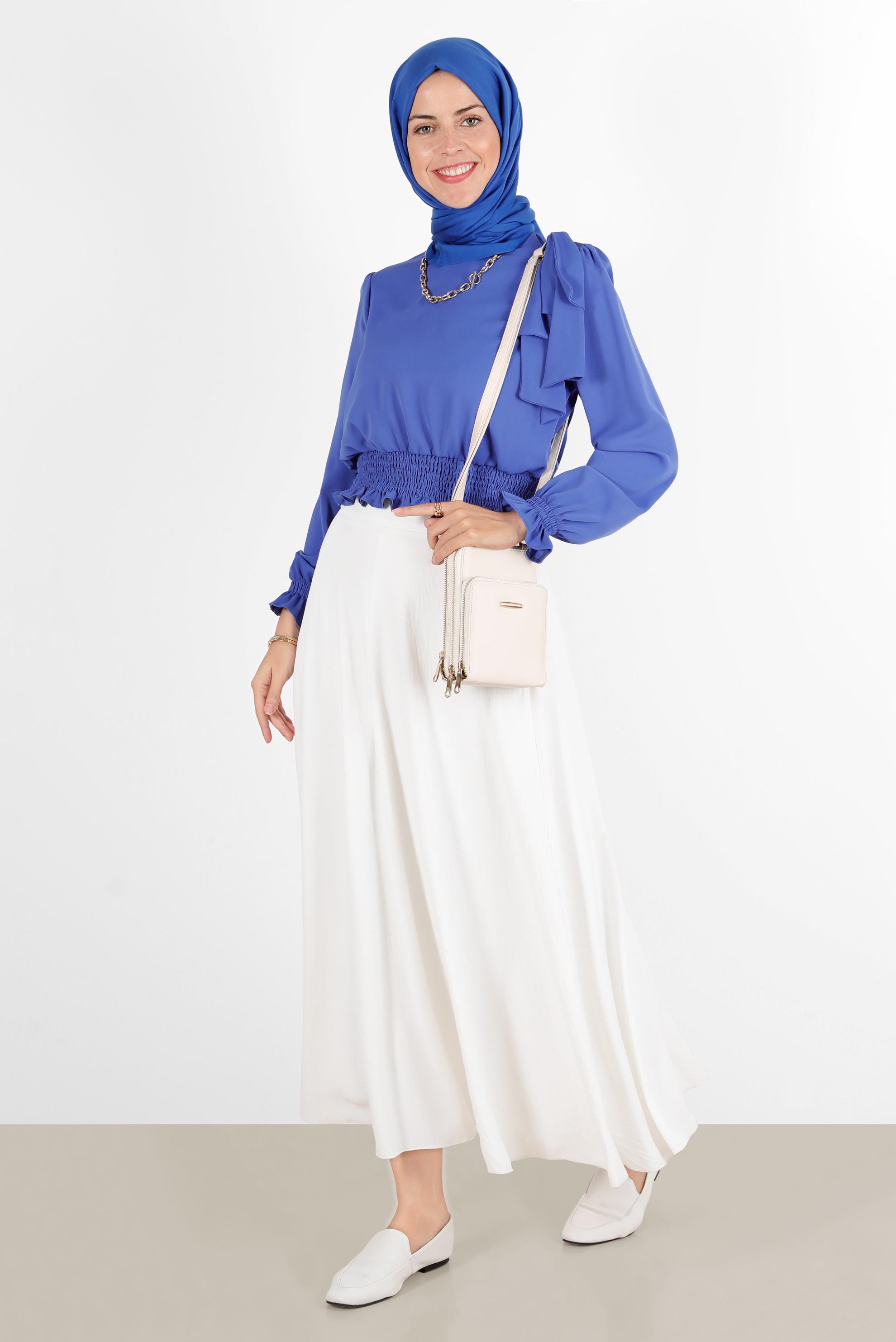 Hijab clothing NAVY BLUE ELASTIC WAIST BOW-TIE DETAIL BLOUSE 42755 