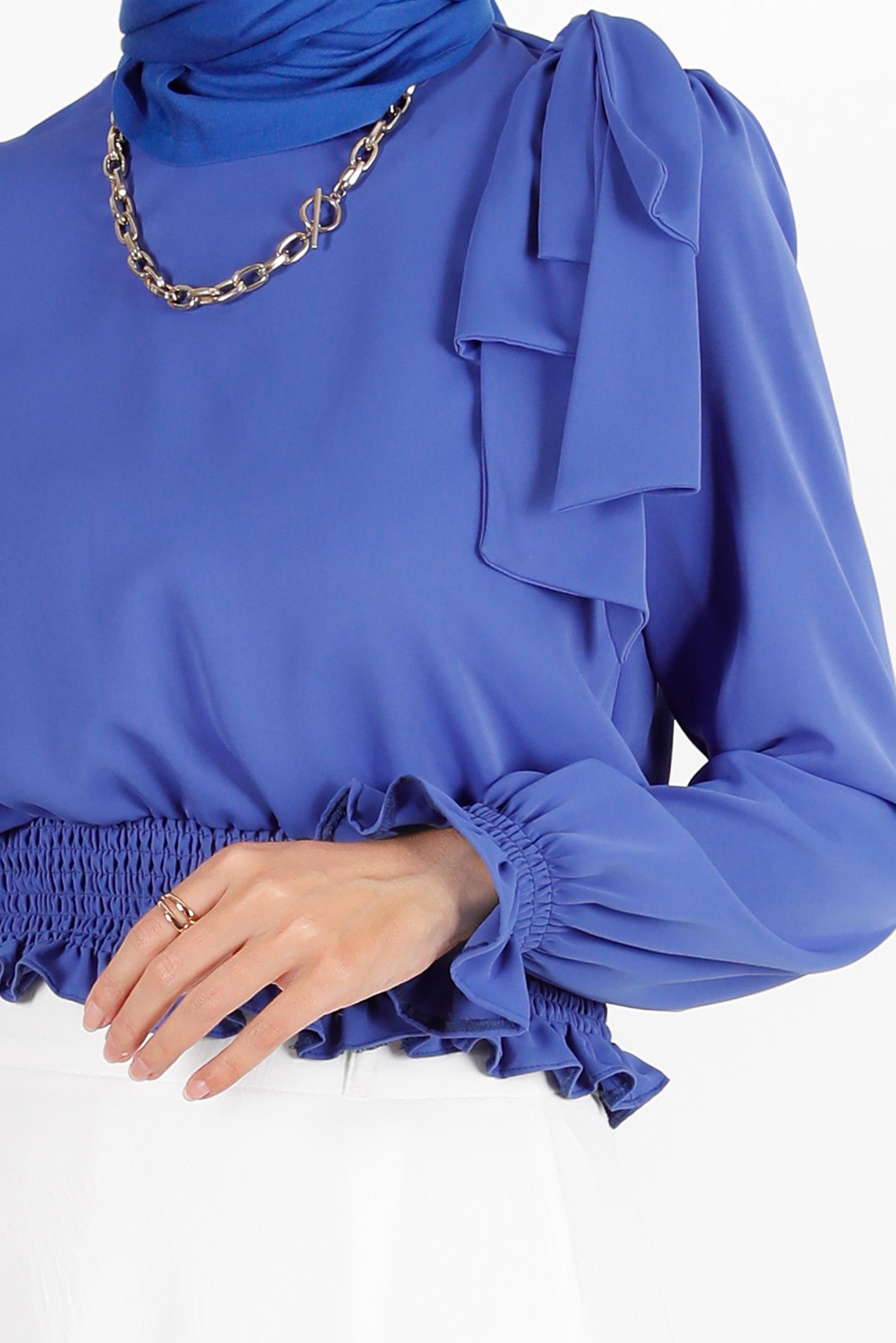 Hijab clothing NAVY BLUE ELASTIC WAIST BOW-TIE DETAIL BLOUSE 42755 