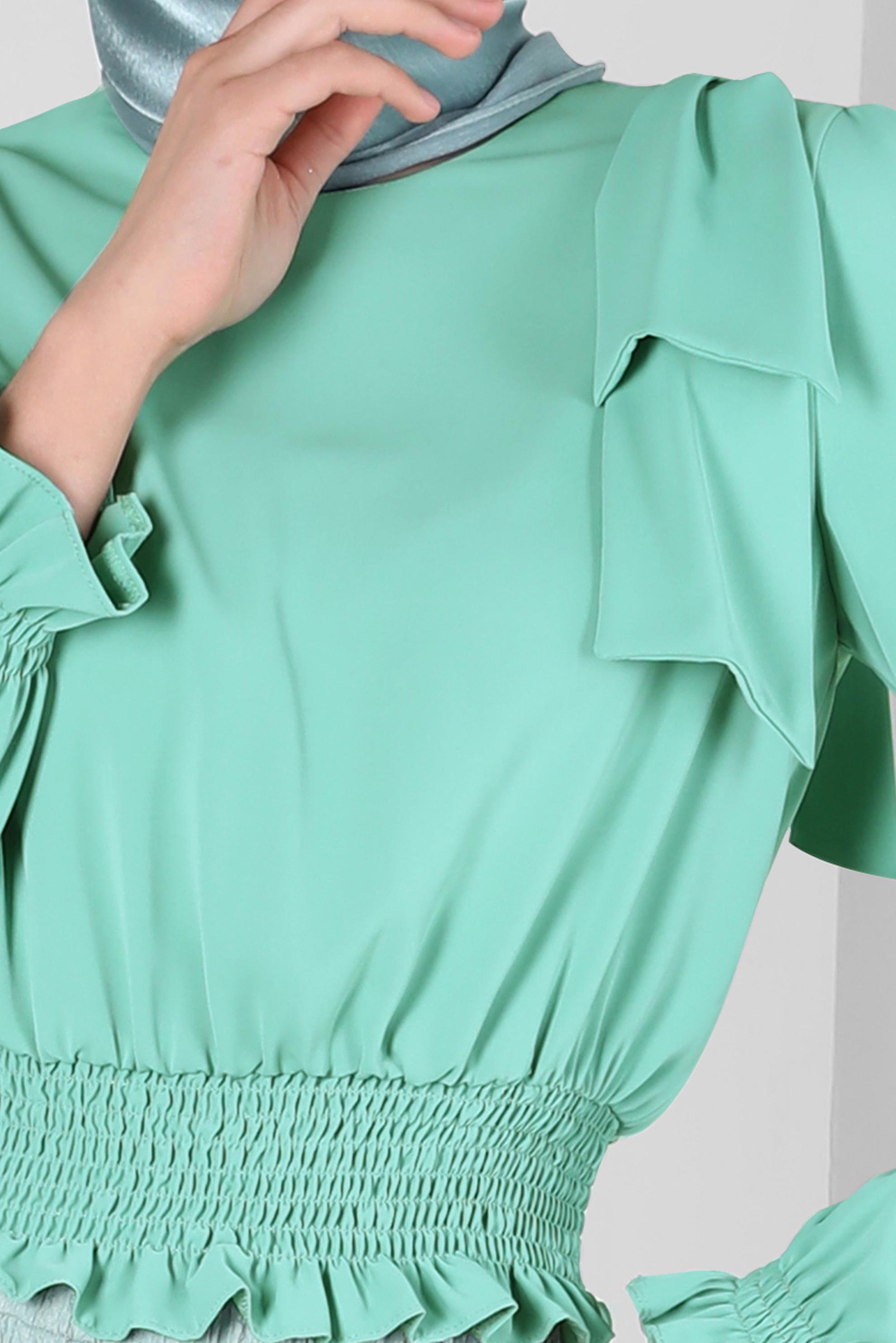 Tesettür giyim YEŞİL BELİ LASTİKLİ FİYONK DETAYLI BLUZ 42755	