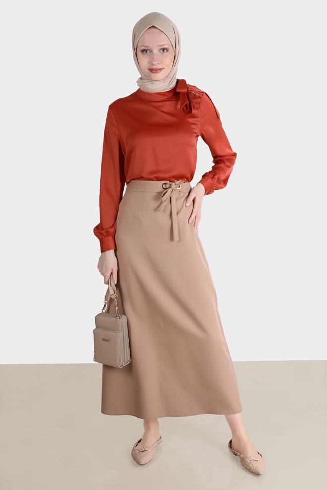 Tesettür giyim KAHVE BAĞLAMA DETAYLI BLUZ 42756  - ALVİNA