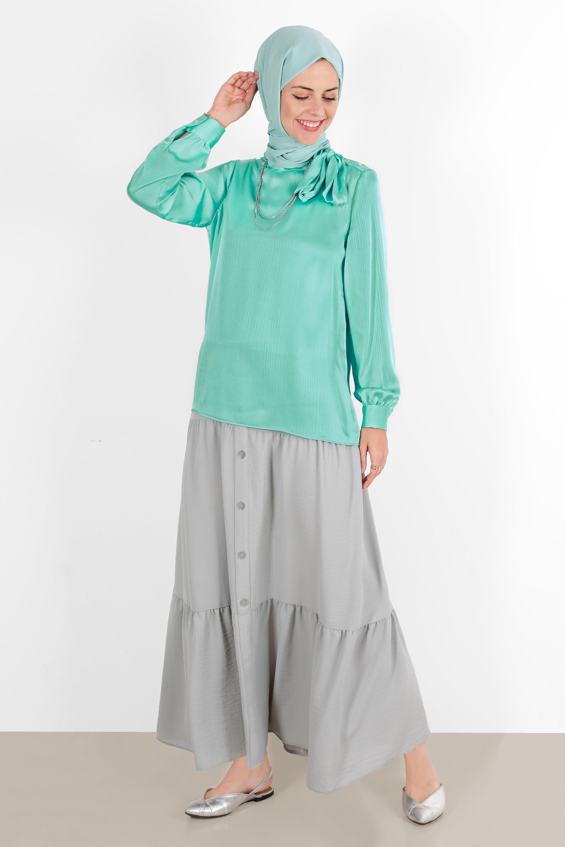 Hijab clothing BLUE TIE DETAIL BUTTONED SATIN BLOUSE 42759 