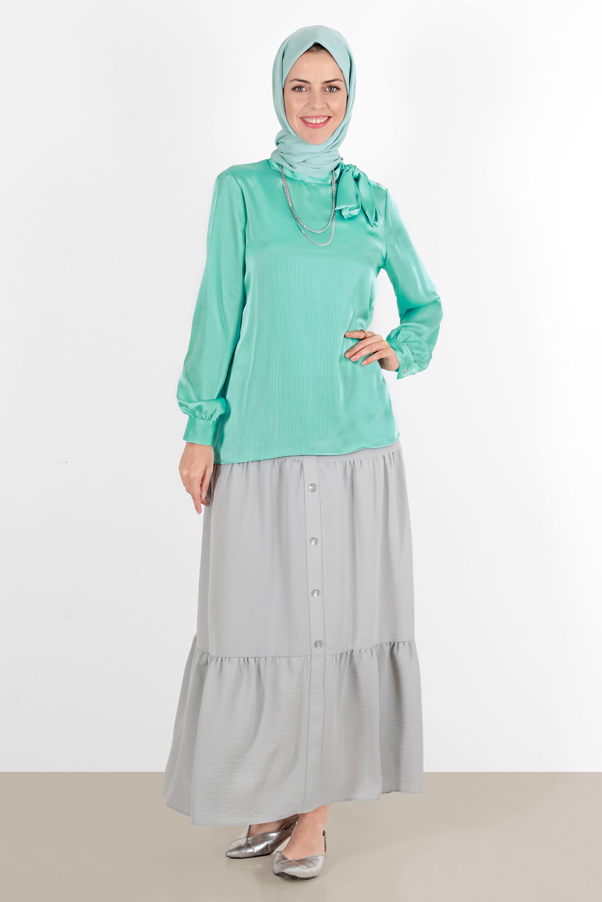 Hijab clothing BLUE TIE DETAIL BUTTONED SATIN BLOUSE 42759 