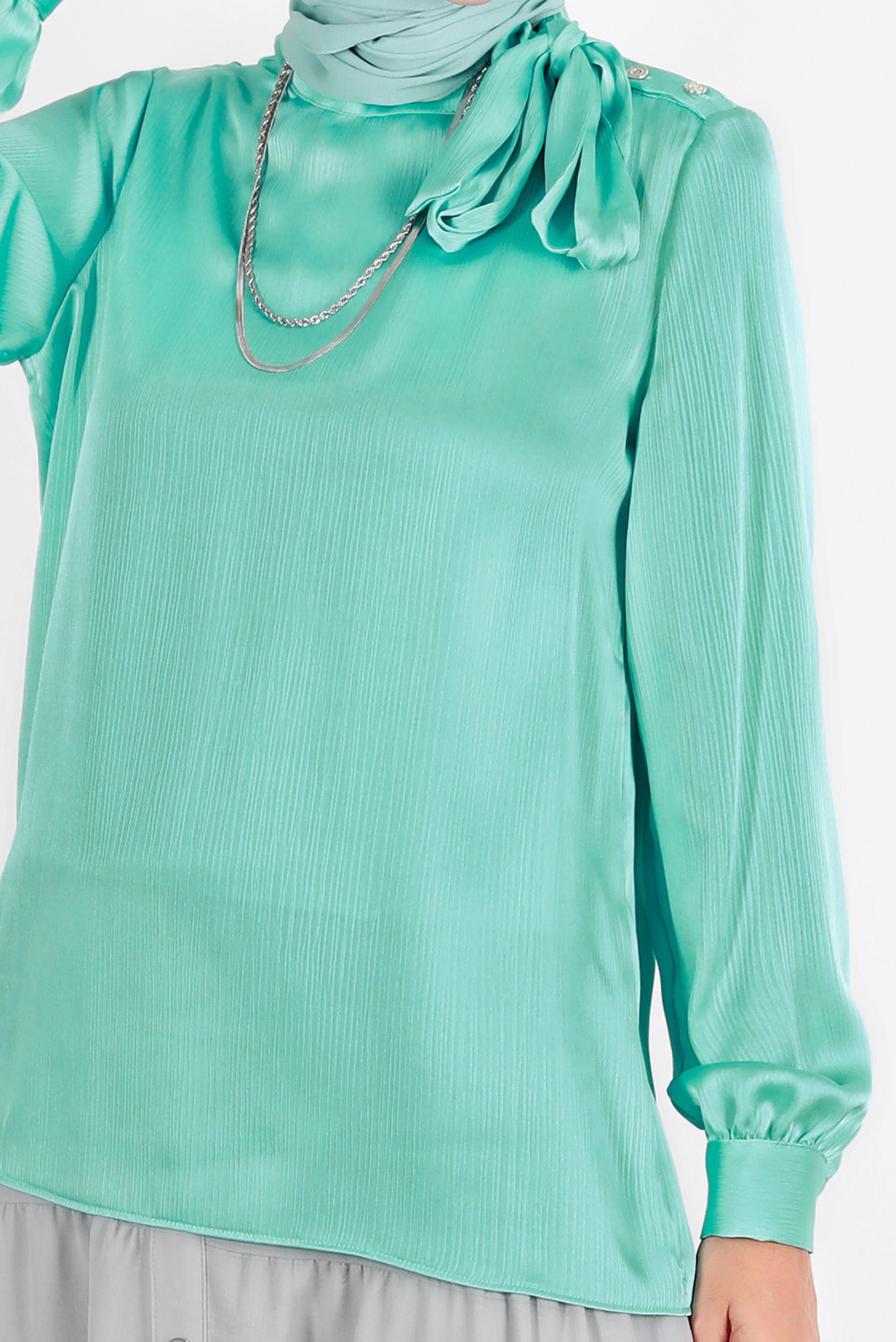 Hijab clothing BLUE TIE DETAIL BUTTONED SATIN BLOUSE 42759 