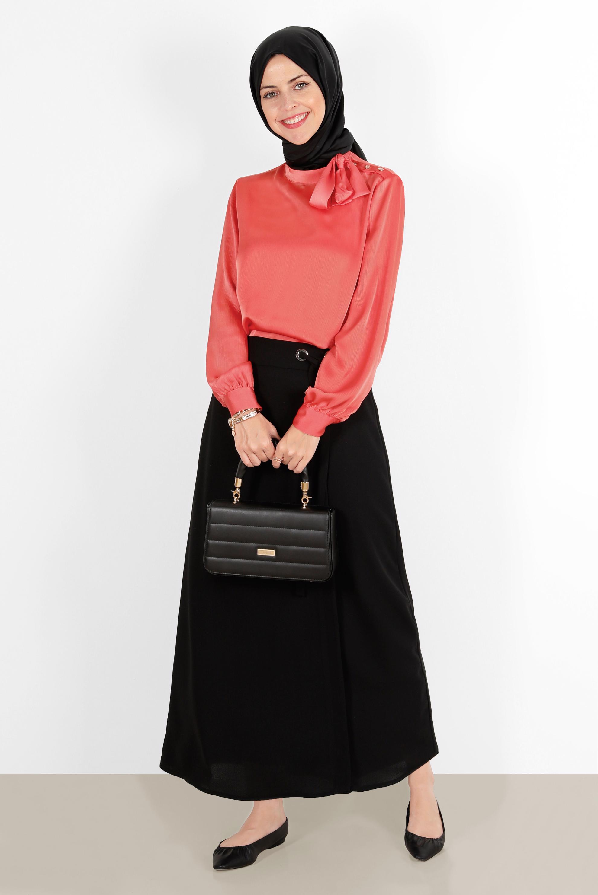 Hijab clothing CORAL TIE DETAIL BUTTONED SATIN BLOUSE 42759 