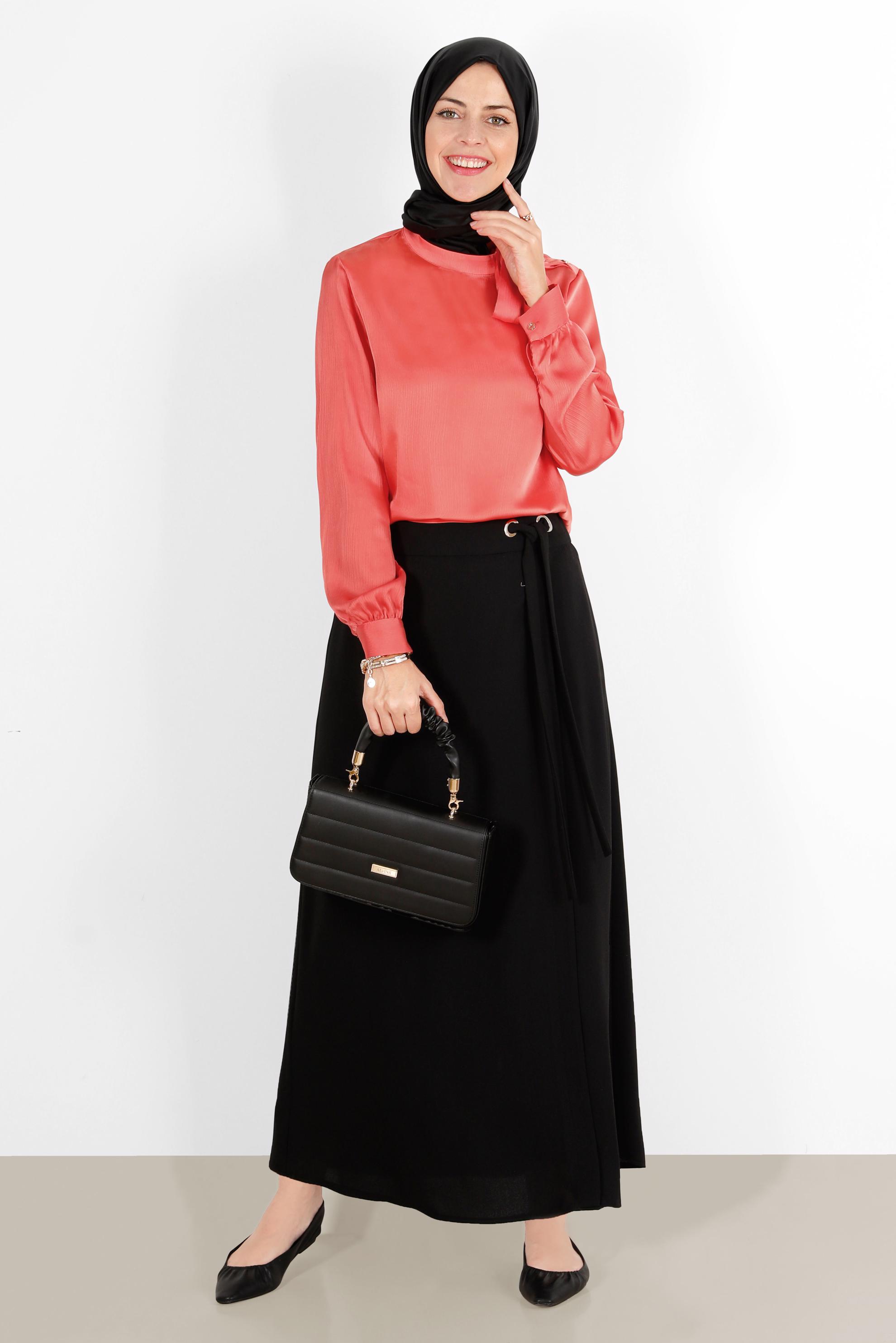 Hijab clothing CORAL TIE DETAIL BUTTONED SATIN BLOUSE 42759 