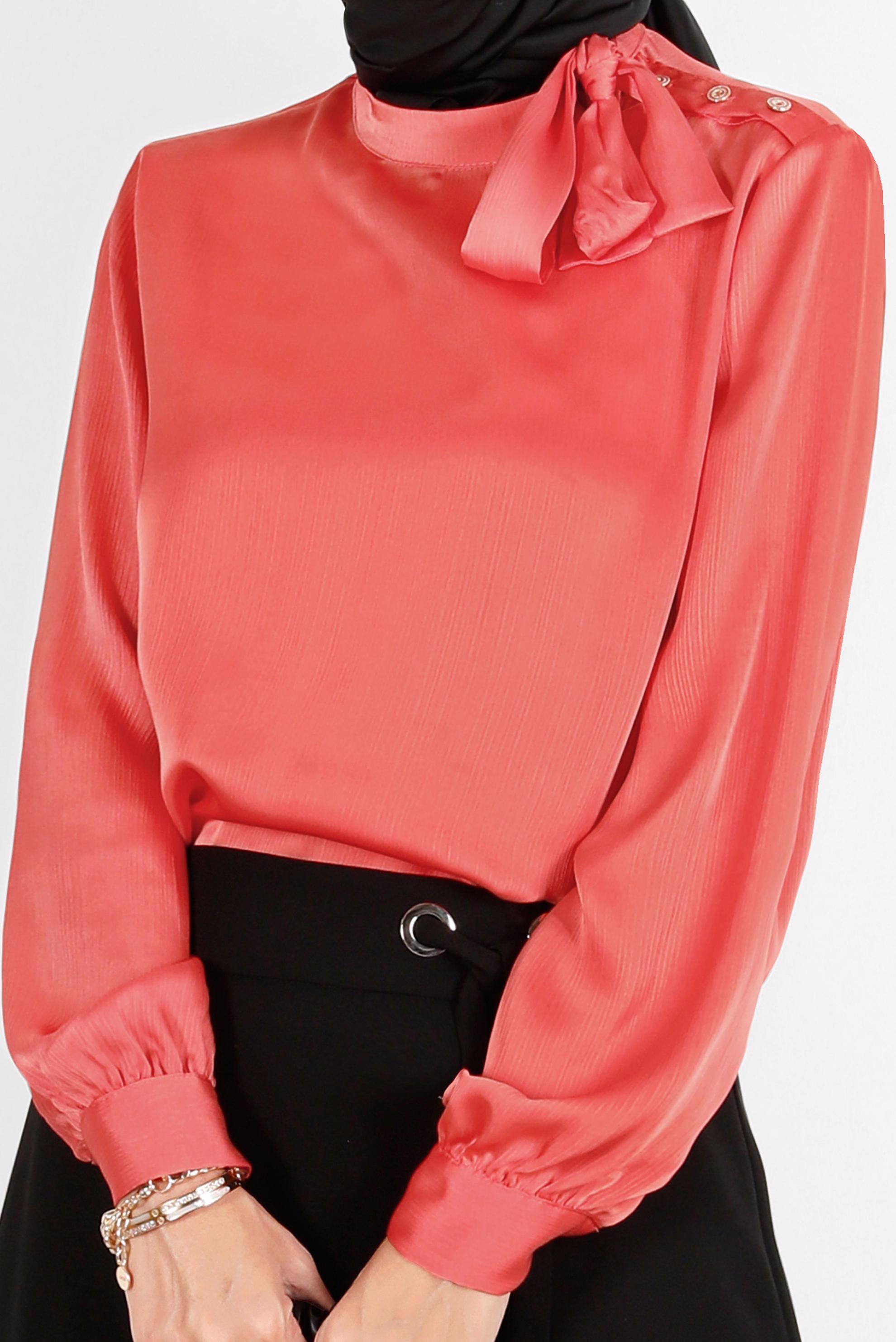 Hijab clothing CORAL TIE DETAIL BUTTONED SATIN BLOUSE 42759 