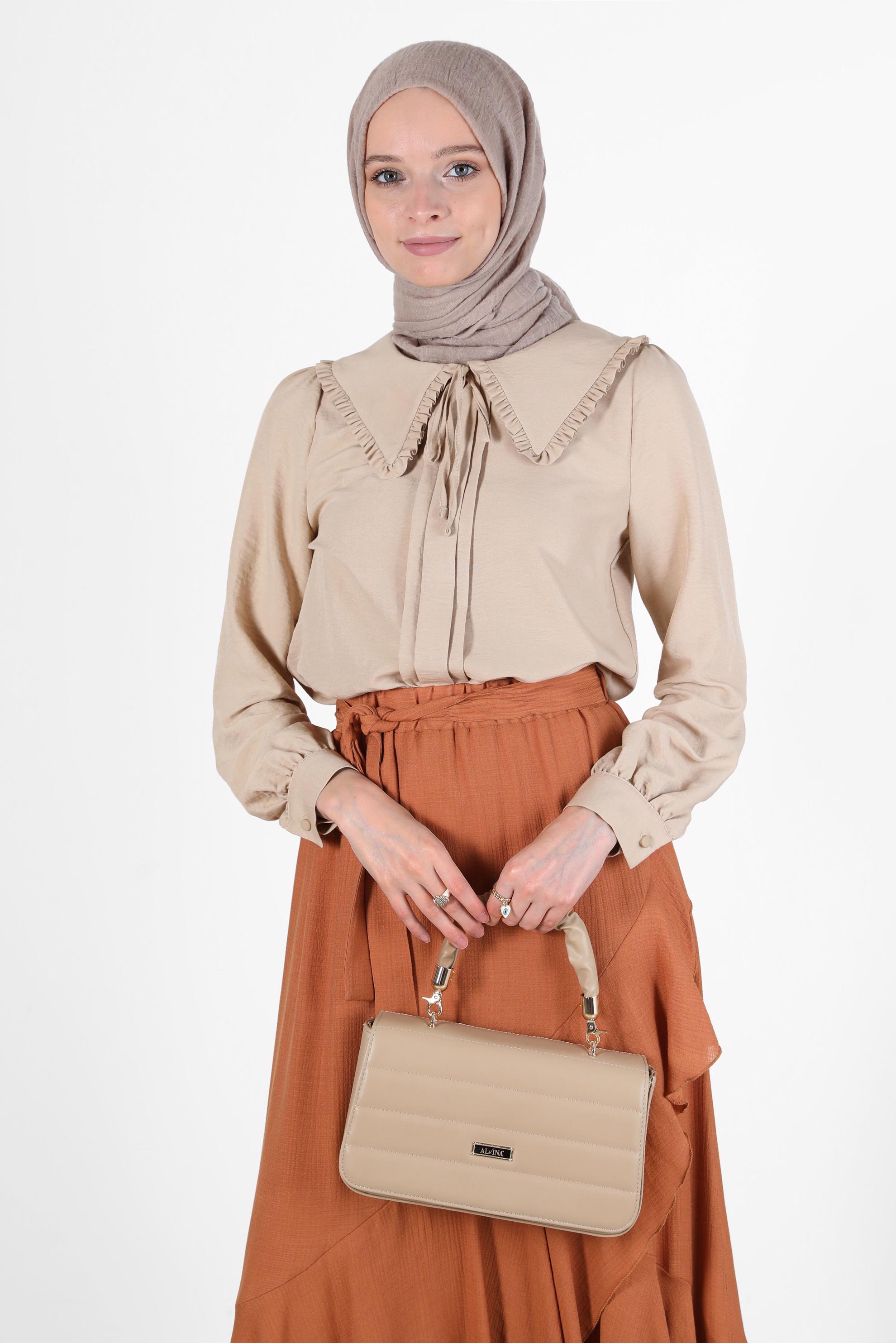 Tesettür giyim BEJ BEBE YAKA BAĞCIKLI BLUZ 42760 