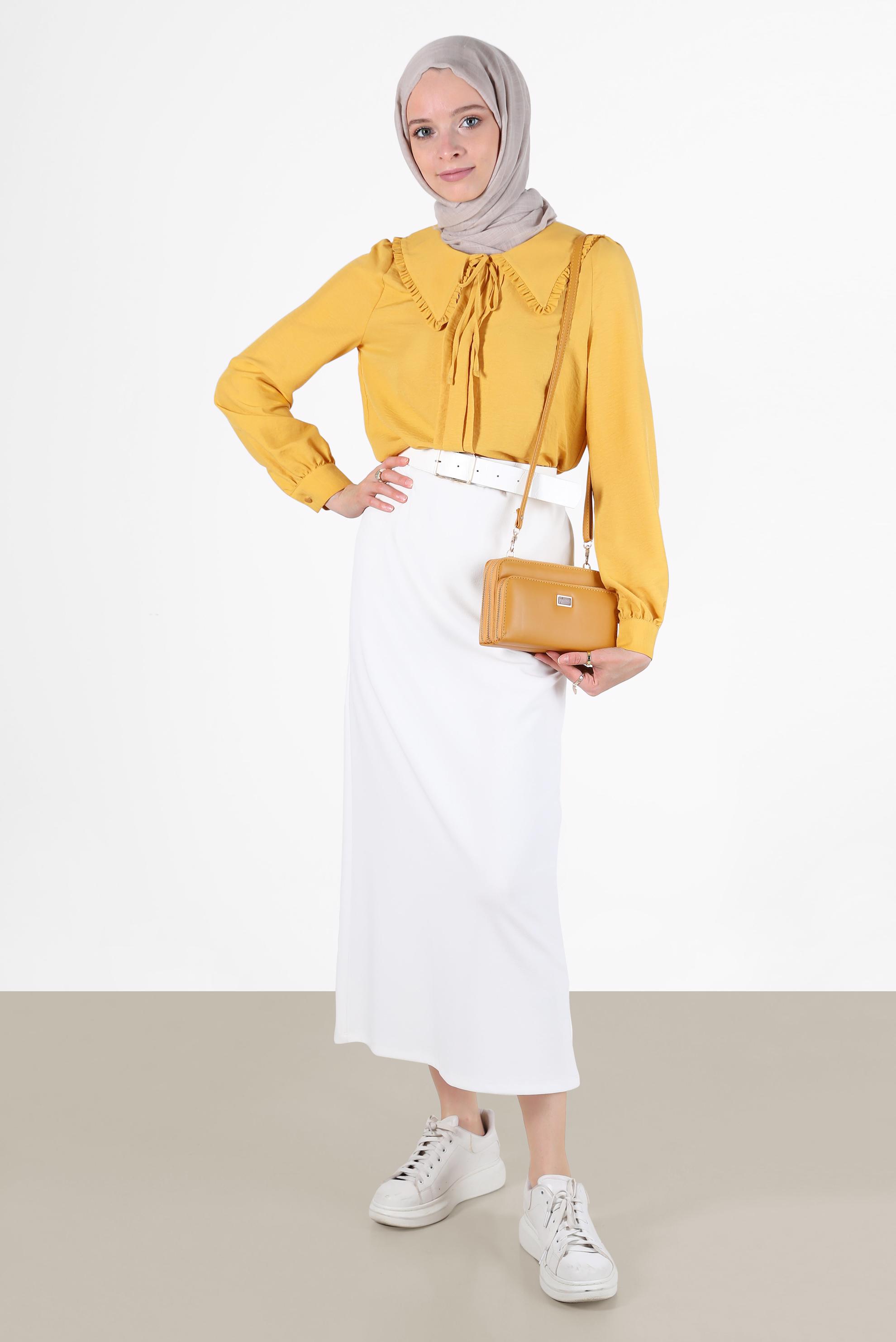 Hijab clothing YELLOW ROUND COLLAR TIE DETAIL BLOUSE 42760 