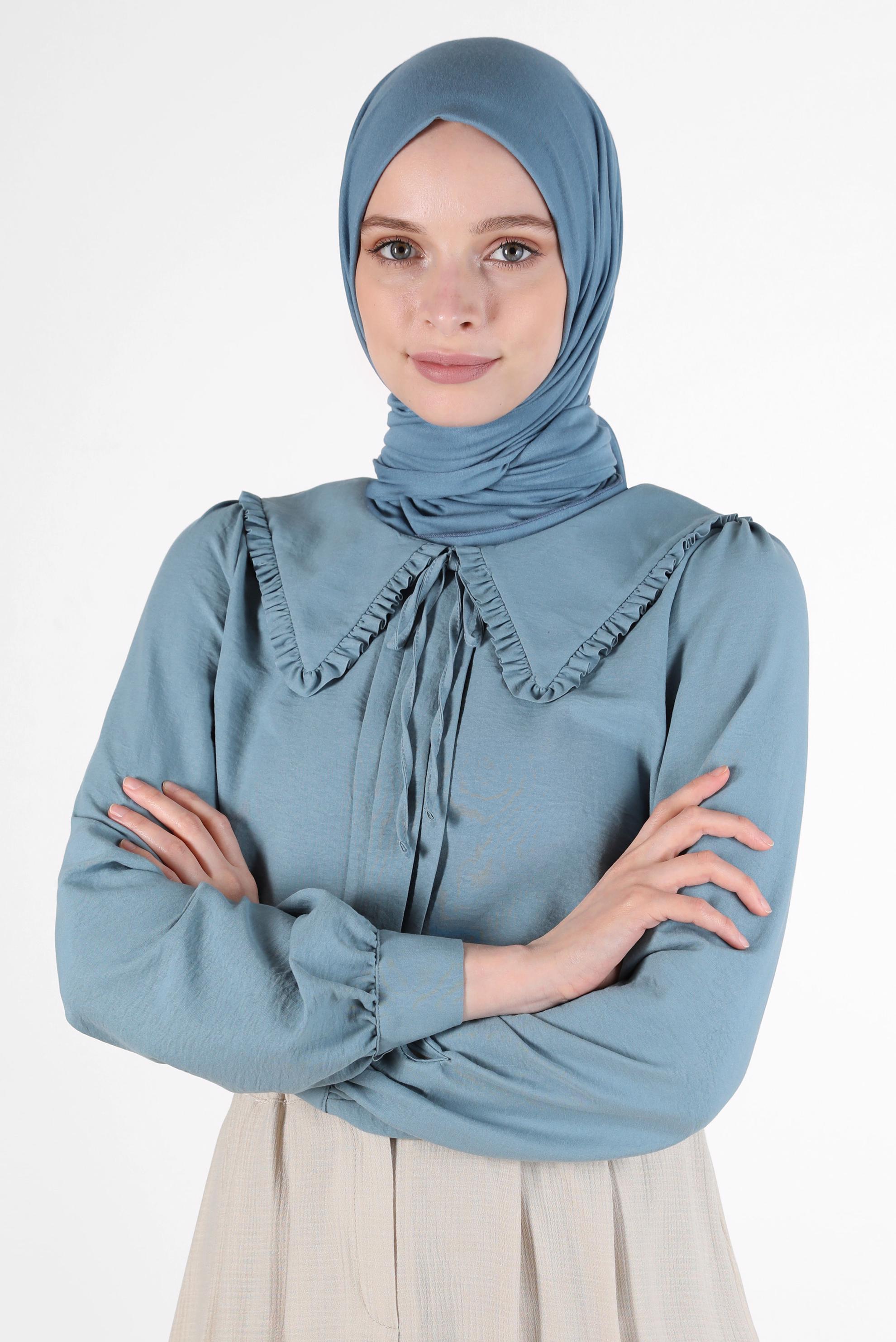 Hijab clothing BLUE ROUND COLLAR TIE DETAIL BLOUSE 42760 