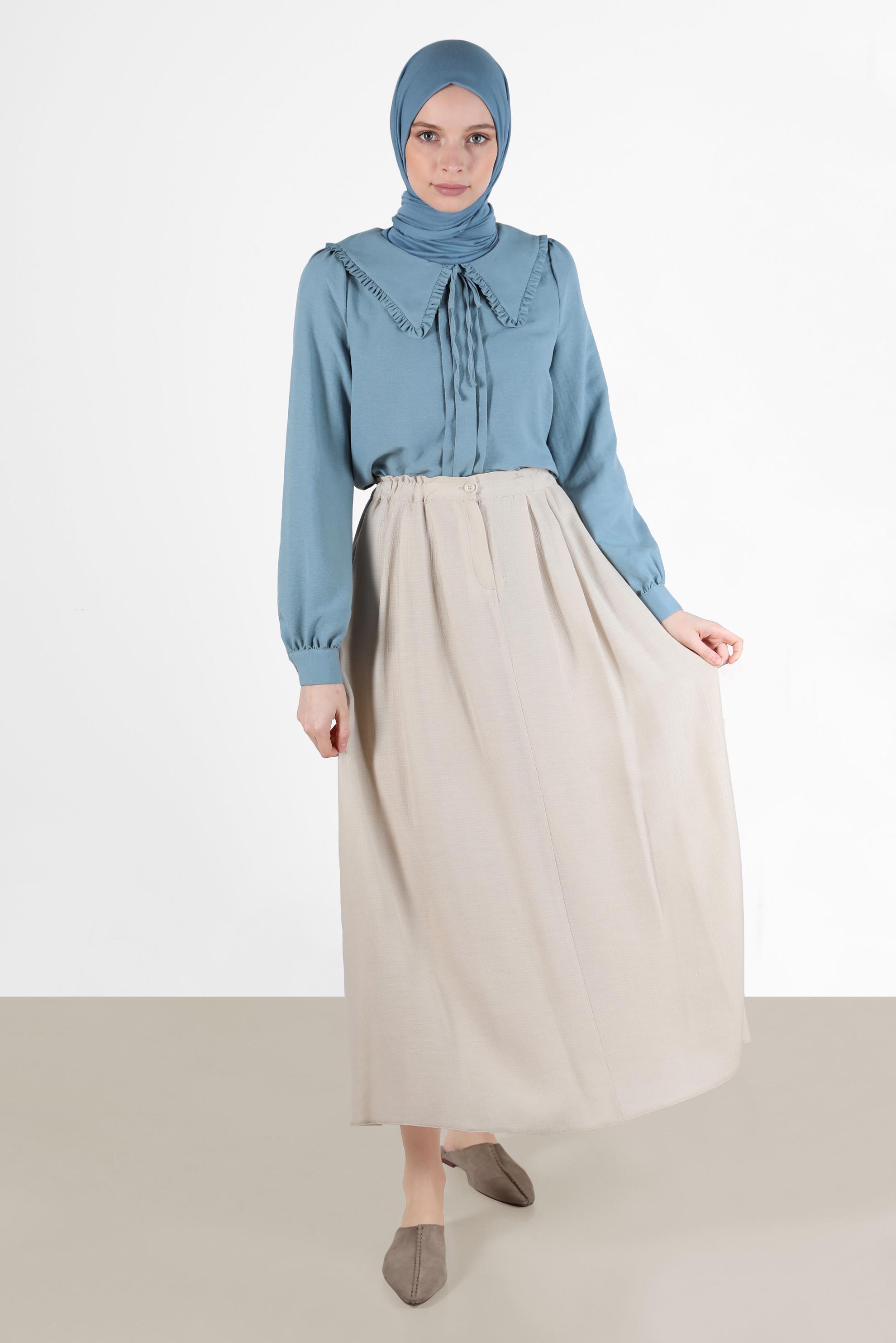 Hijab clothing BLUE ROUND COLLAR TIE DETAIL BLOUSE 42760 