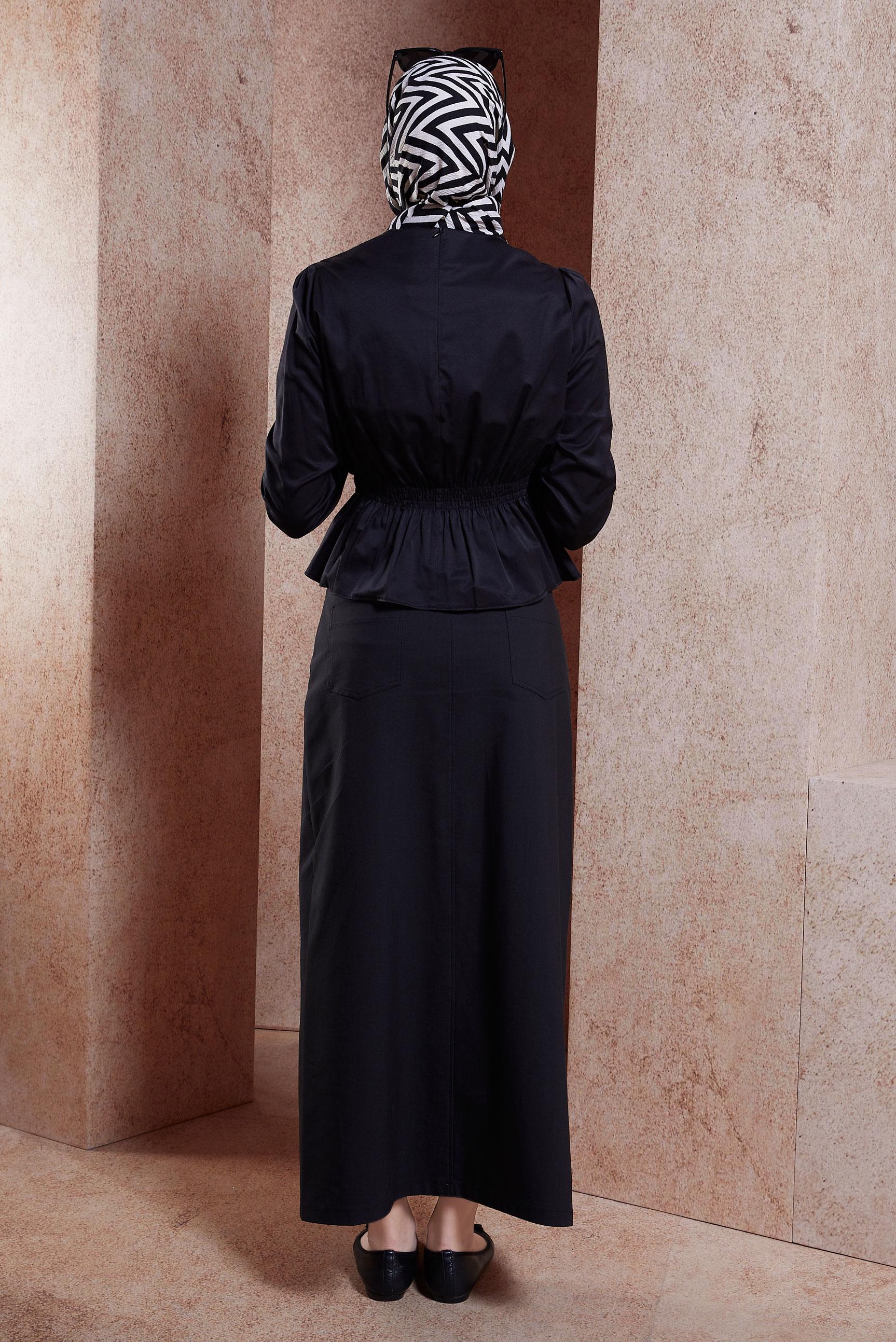 Tesettür giyim SİYAH BELİ VE MANŞETLERİ LASTİKLİ BLUZ 42762