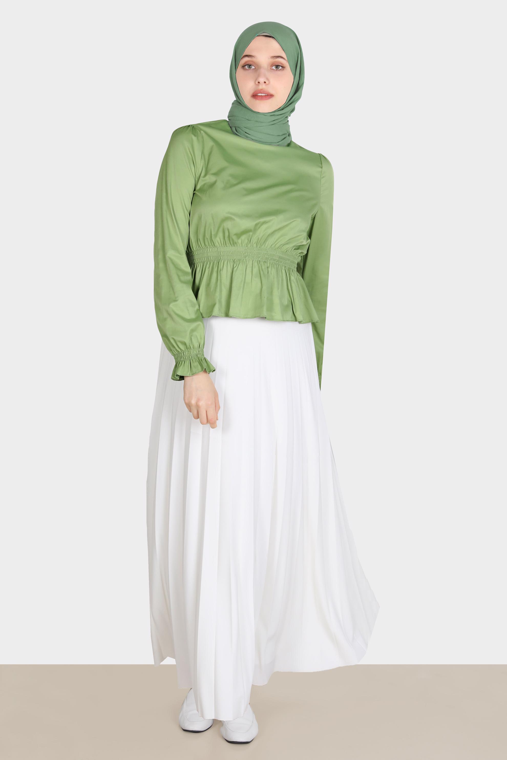 Tesettür giyim YEŞİL BELİ VE MANŞETLERİ LASTİKLİ BLUZ 42762