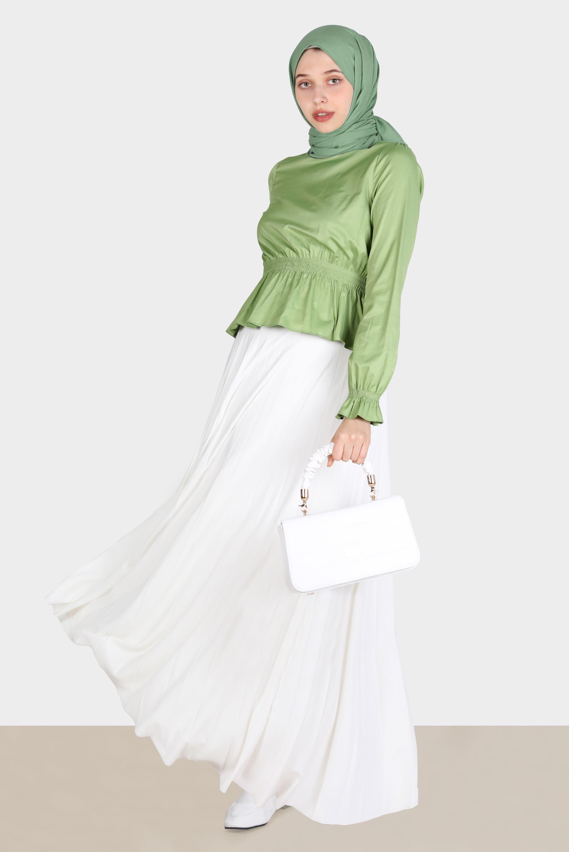 Tesettür giyim YEŞİL BELİ VE MANŞETLERİ LASTİKLİ BLUZ 42762