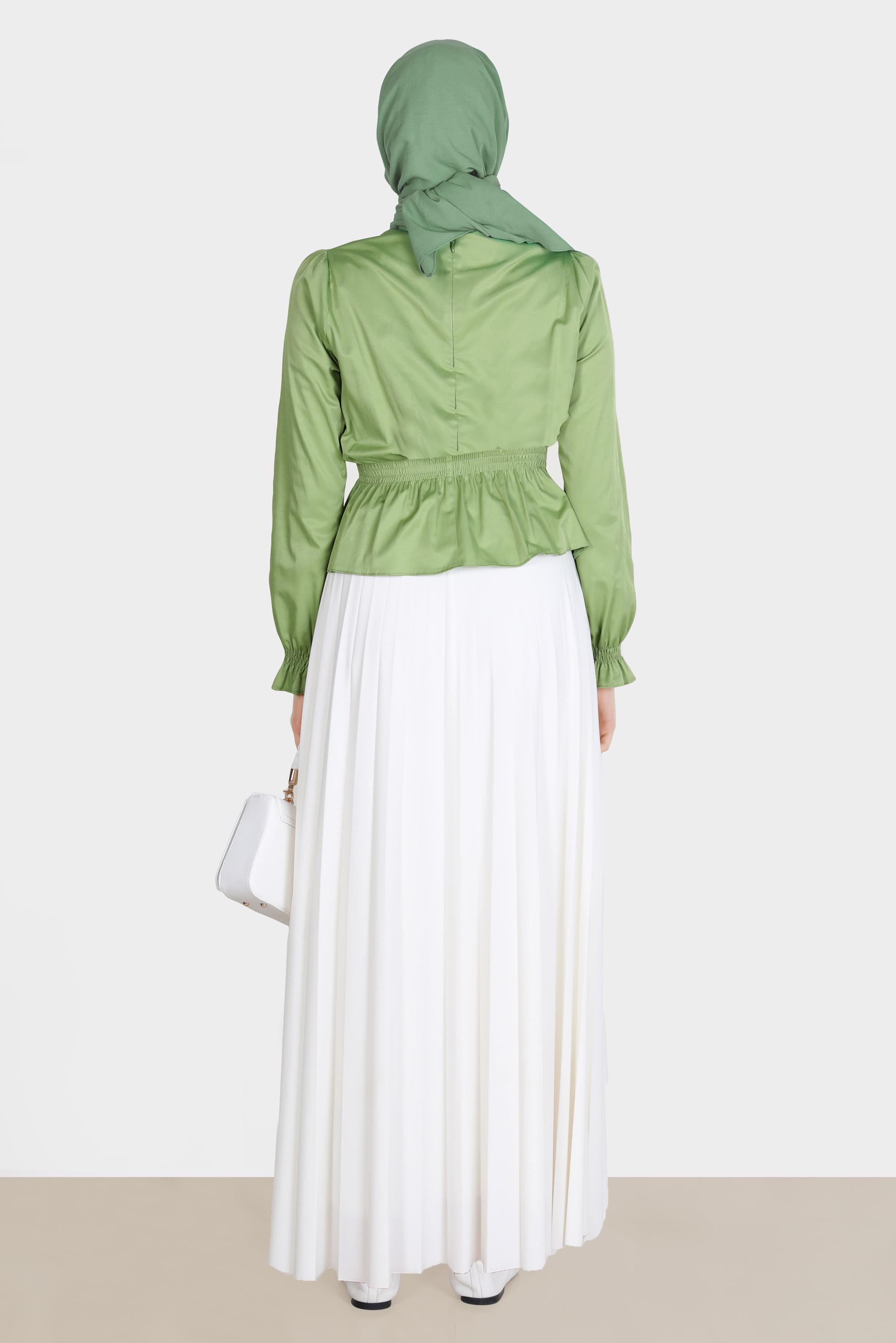 Tesettür giyim YEŞİL BELİ VE MANŞETLERİ LASTİKLİ BLUZ 42762