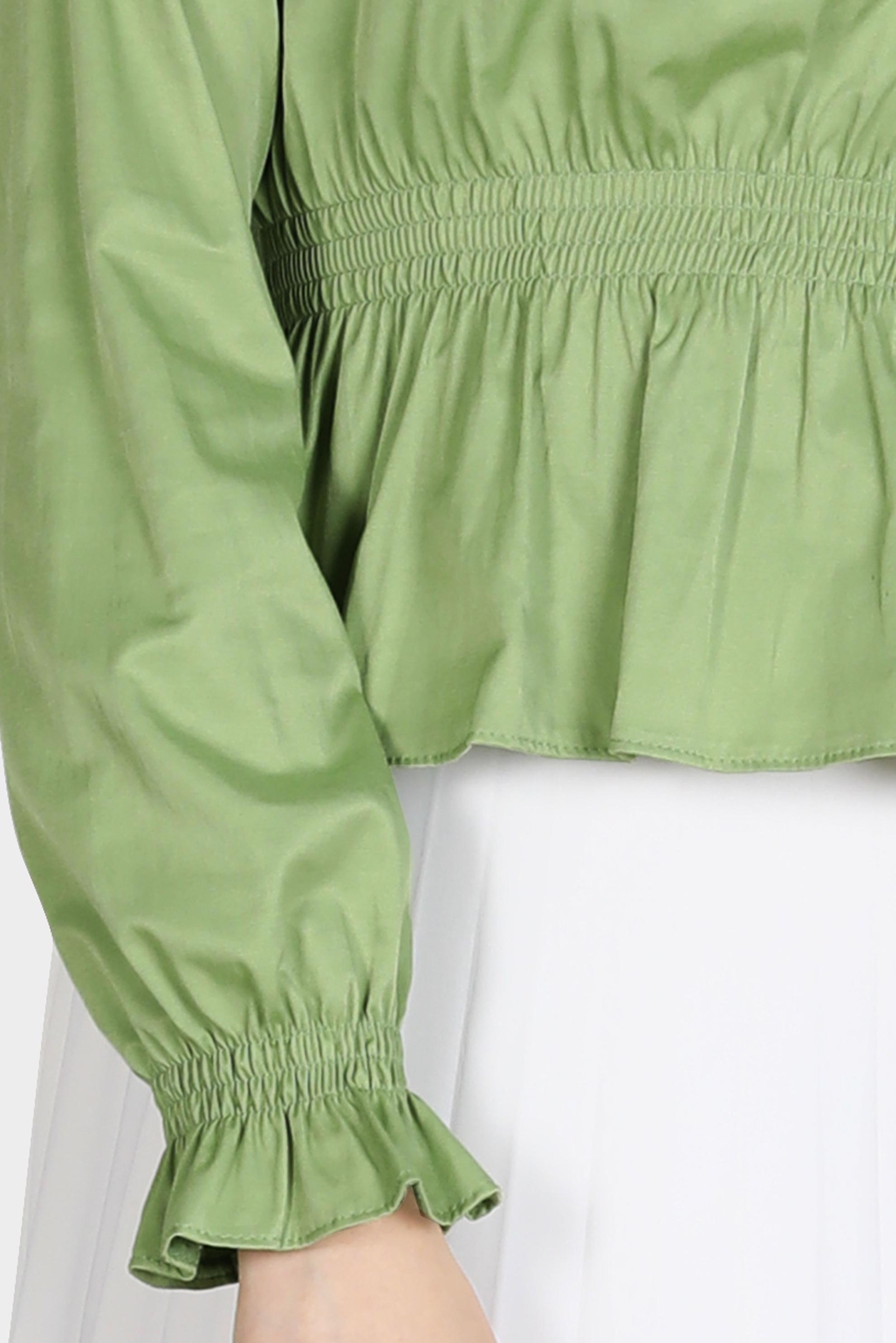 Tesettür giyim YEŞİL BELİ VE MANŞETLERİ LASTİKLİ BLUZ 42762