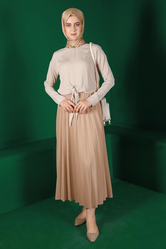 Tesettür giyim BEJ BAĞLAMA DETAYLI BLUZ 42793  - ALVİNA