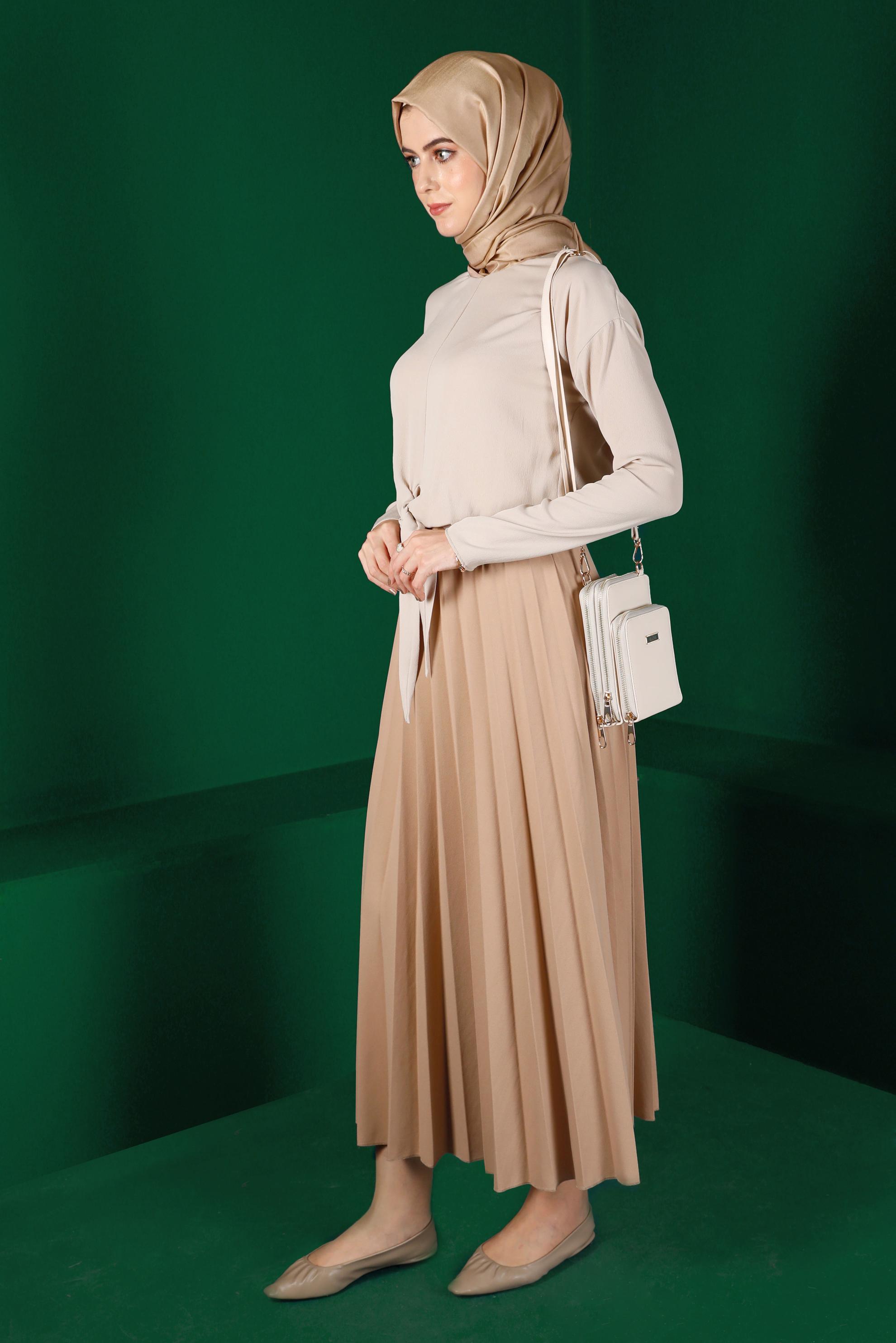 Tesettür giyim BEJ BAĞLAMA DETAYLI BLUZ 42793 