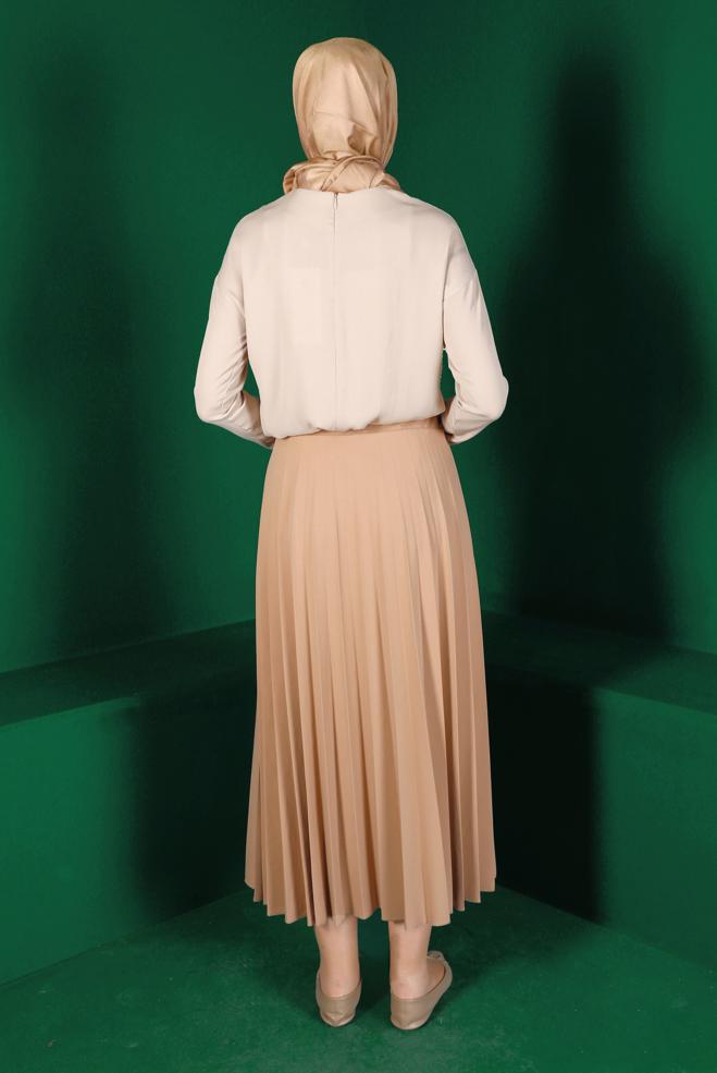 Tesettür giyim BEJ BAĞLAMA DETAYLI BLUZ 42793  - ALVİNA