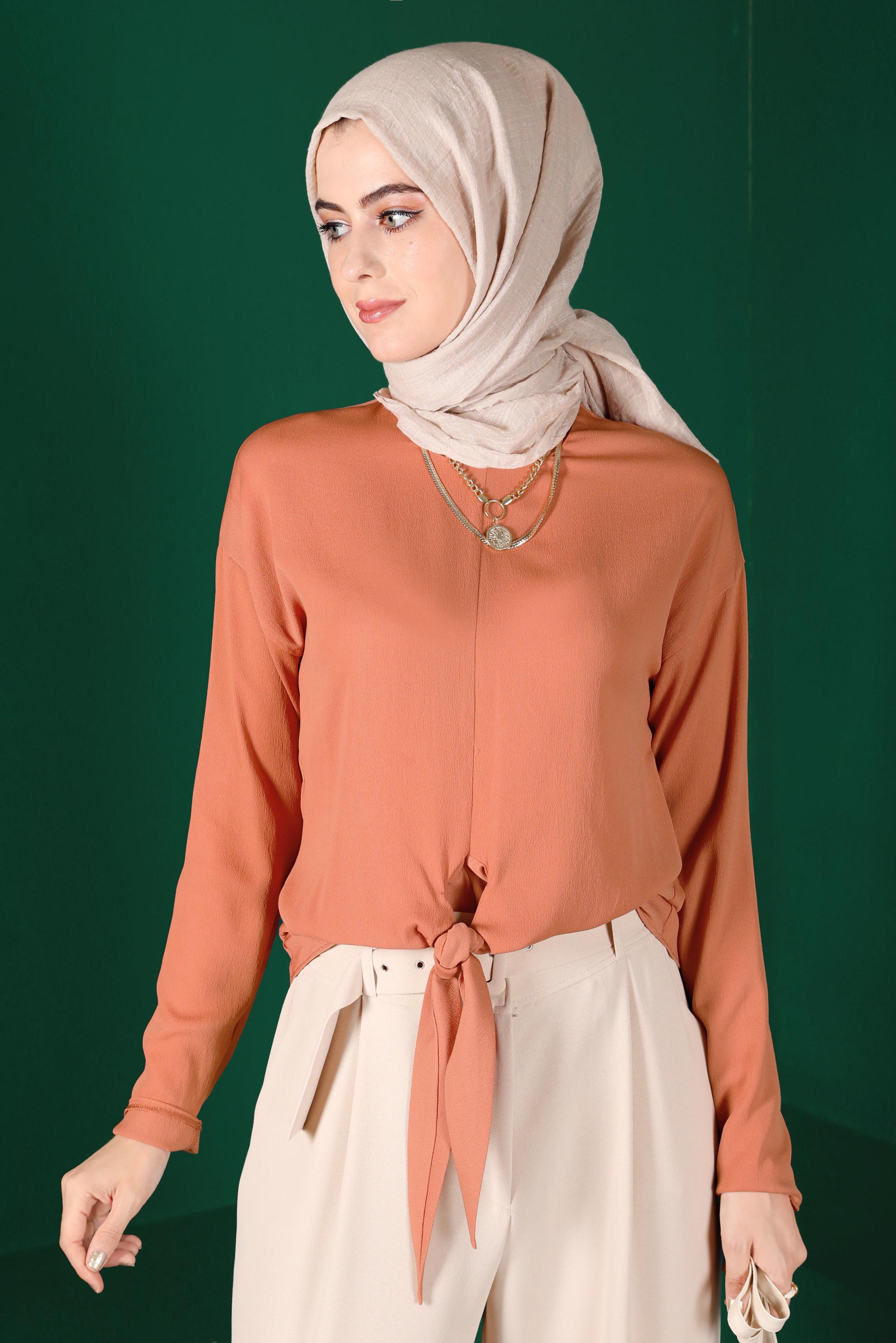 Tesettür giyim TURUNCU BAĞLAMA DETAYLI BLUZ 42793 