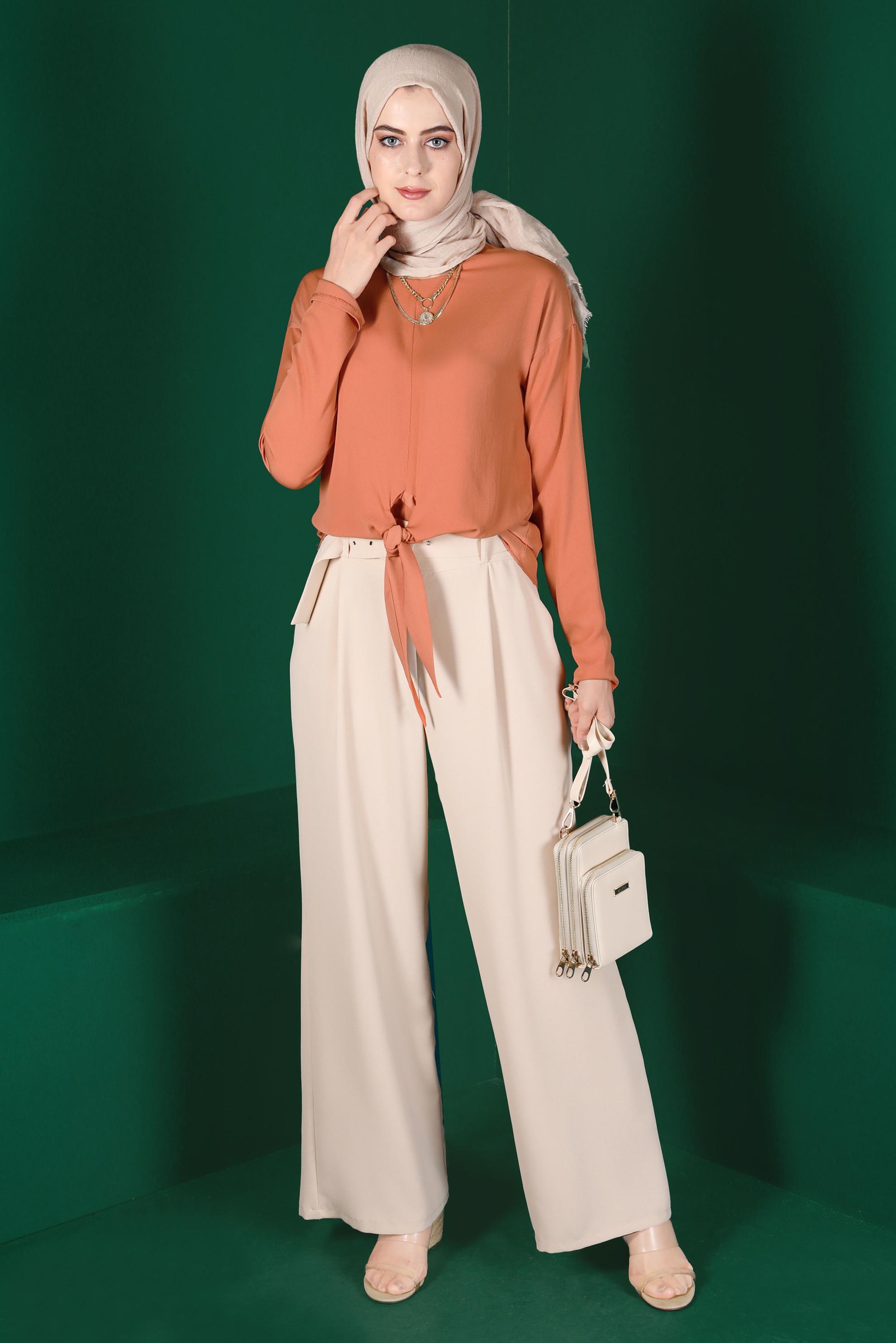 Tesettür giyim TURUNCU BAĞLAMA DETAYLI BLUZ 42793 