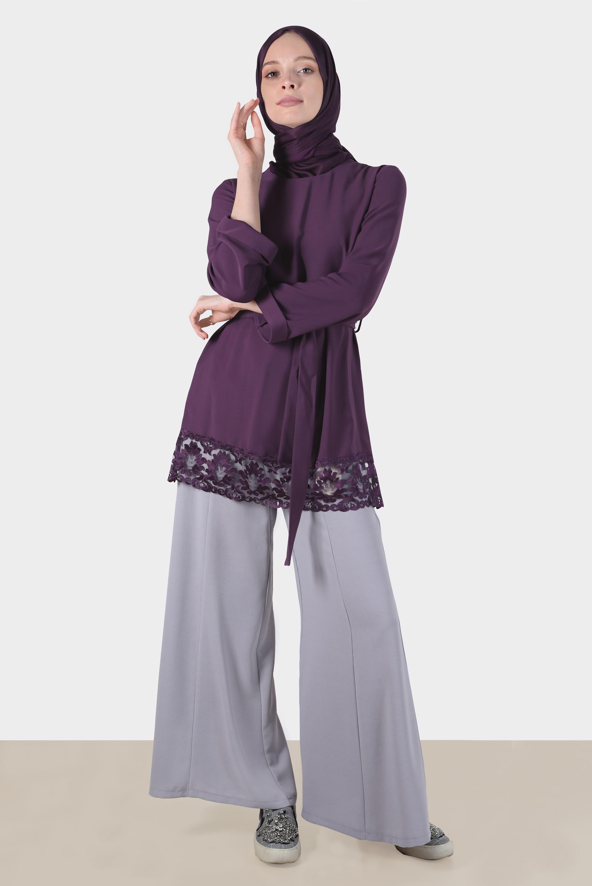Hijab clothing PURPLE BELTED BLOUSE WITH LACED HEM 42802 