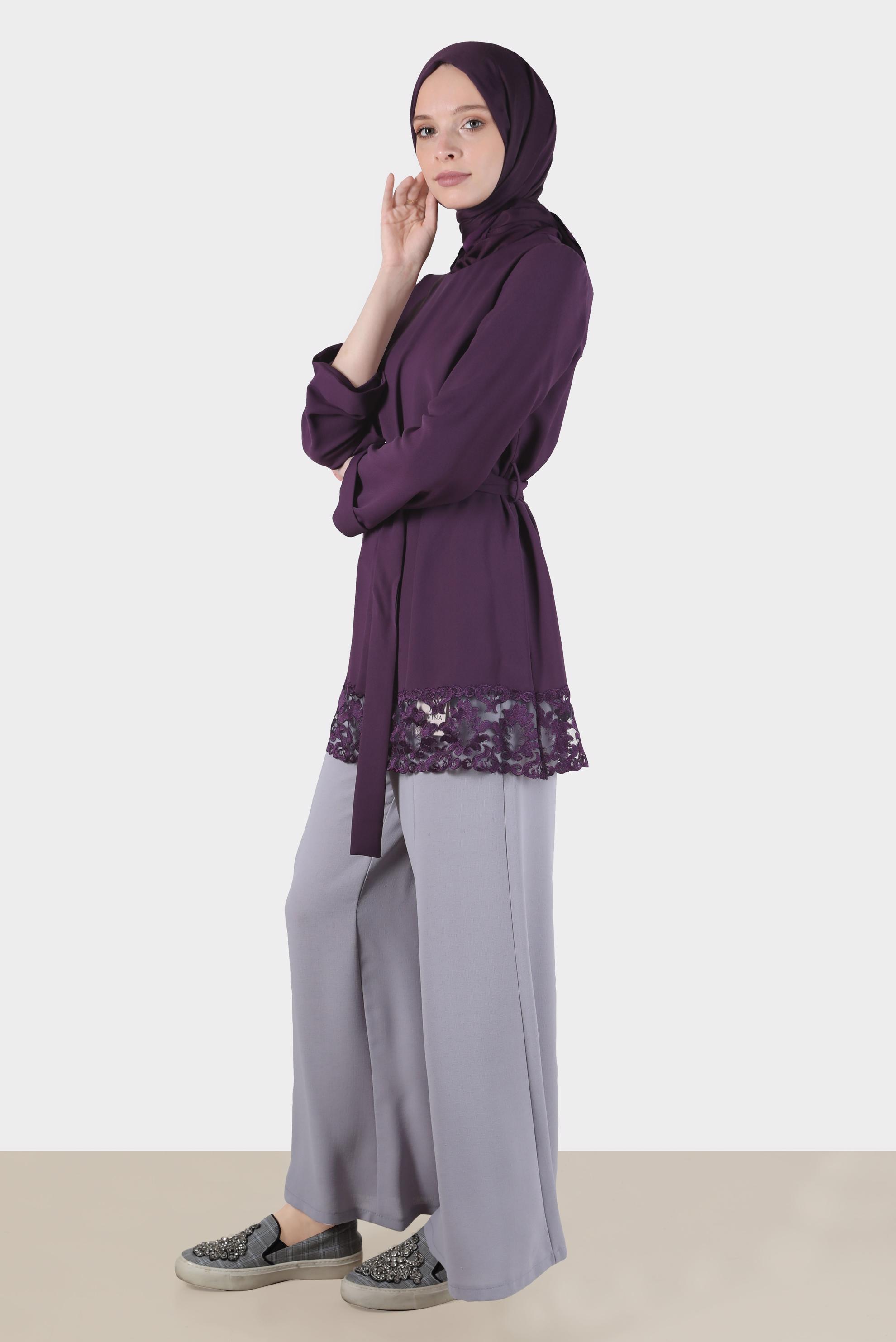Hijab clothing PURPLE BELTED BLOUSE WITH LACED HEM 42802 