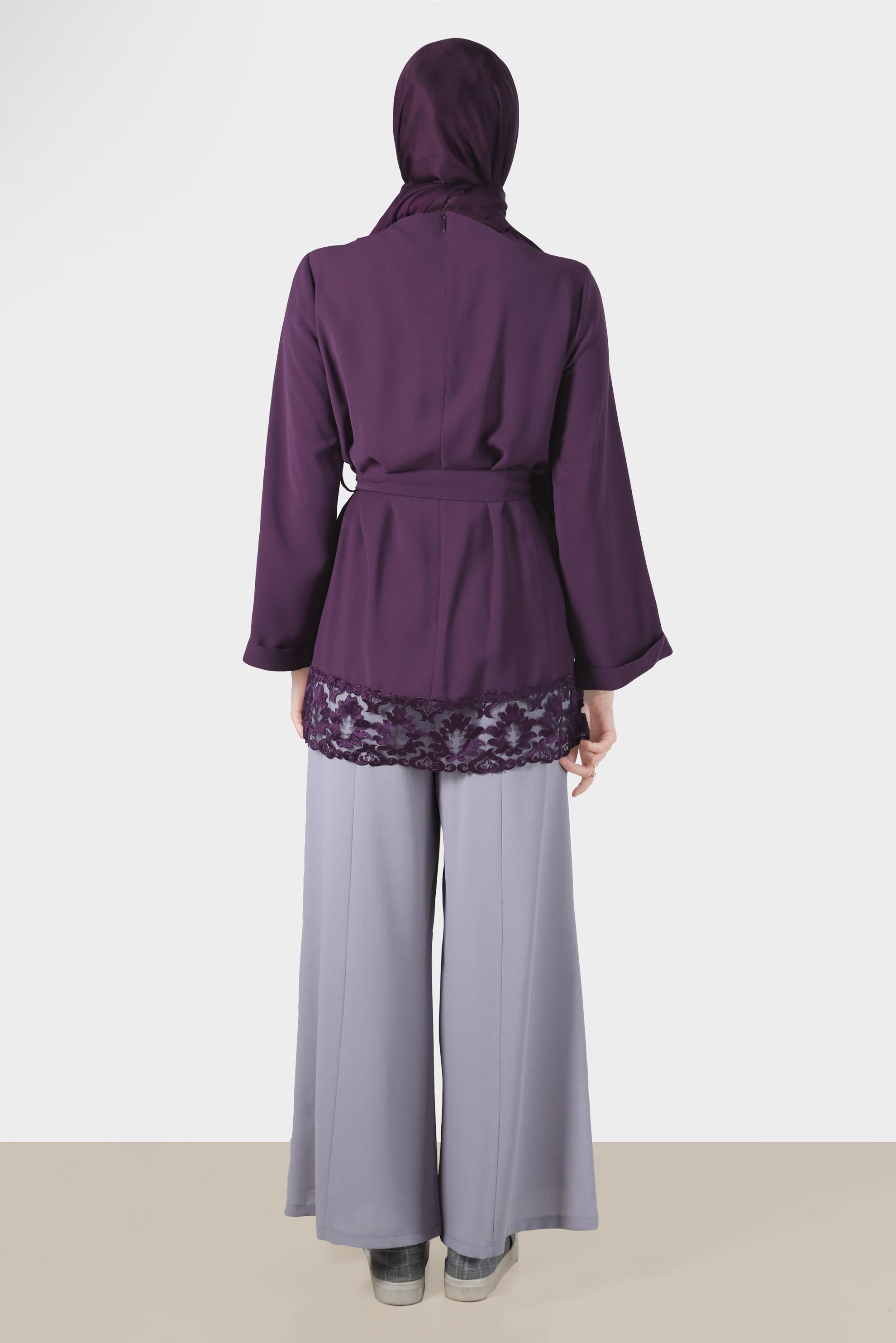 Hijab clothing PURPLE BELTED BLOUSE WITH LACED HEM 42802 
