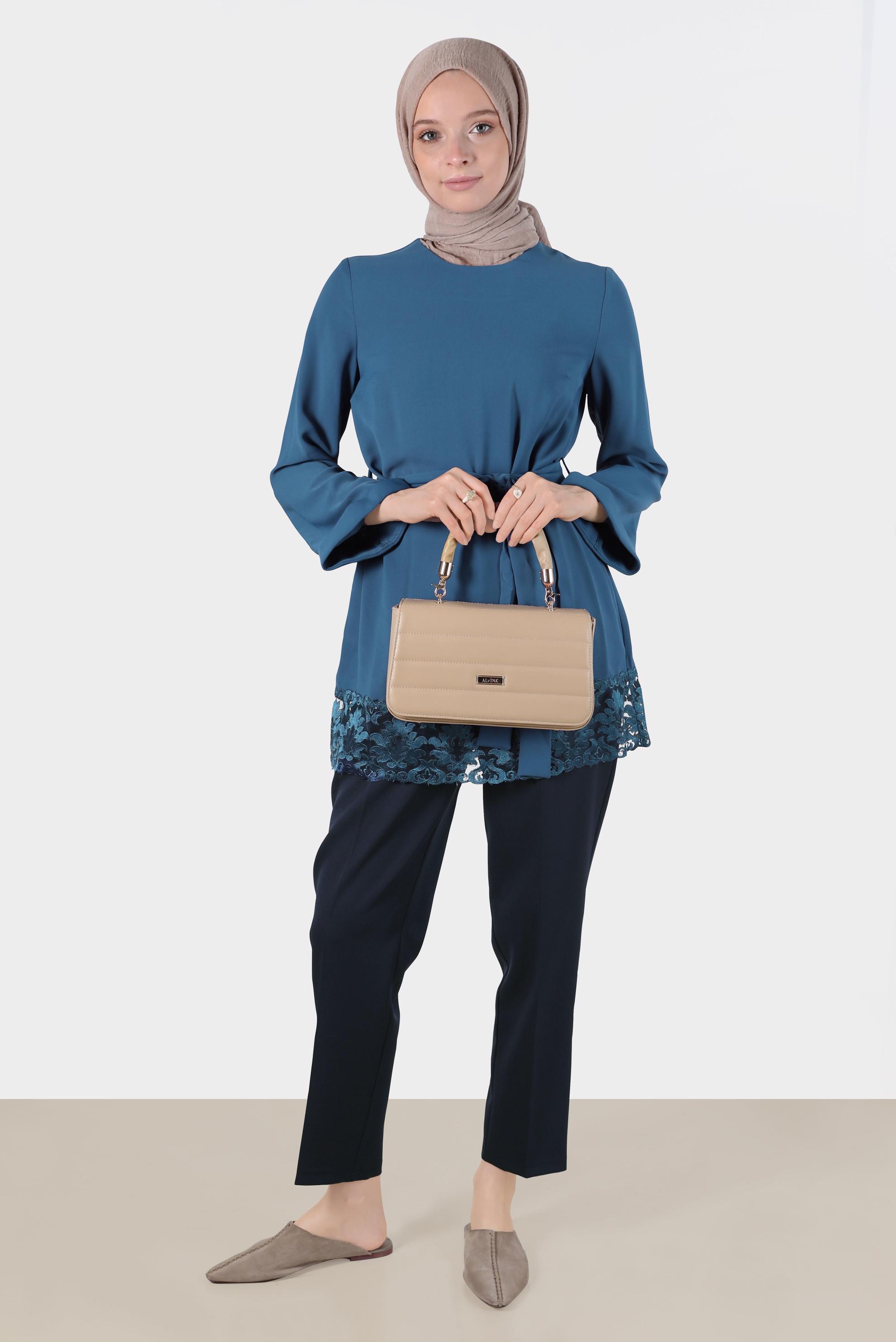 Hijab clothing NAVY BLUE BELTED BLOUSE WITH LACED HEM 42802 