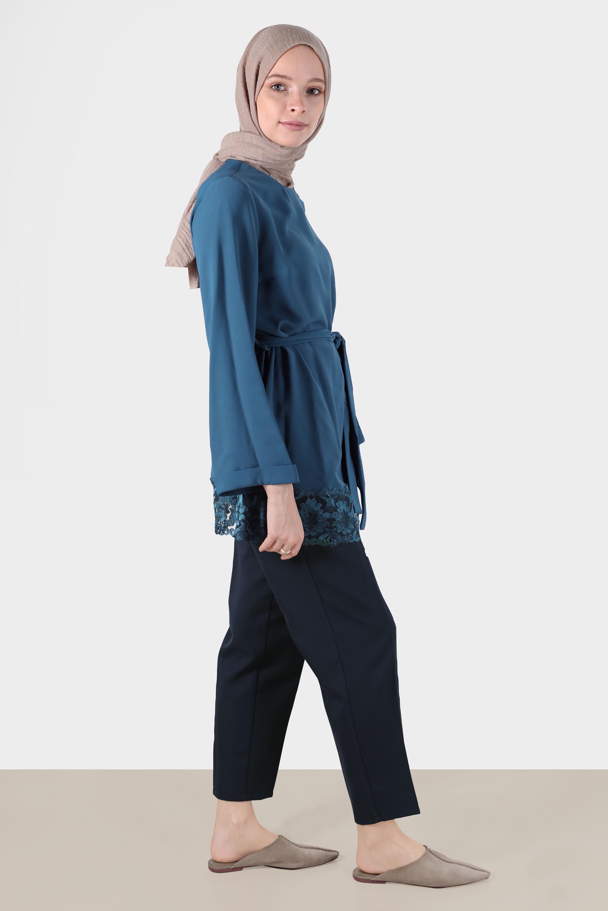 Hijab clothing NAVY BLUE BELTED BLOUSE WITH LACED HEM 42802 