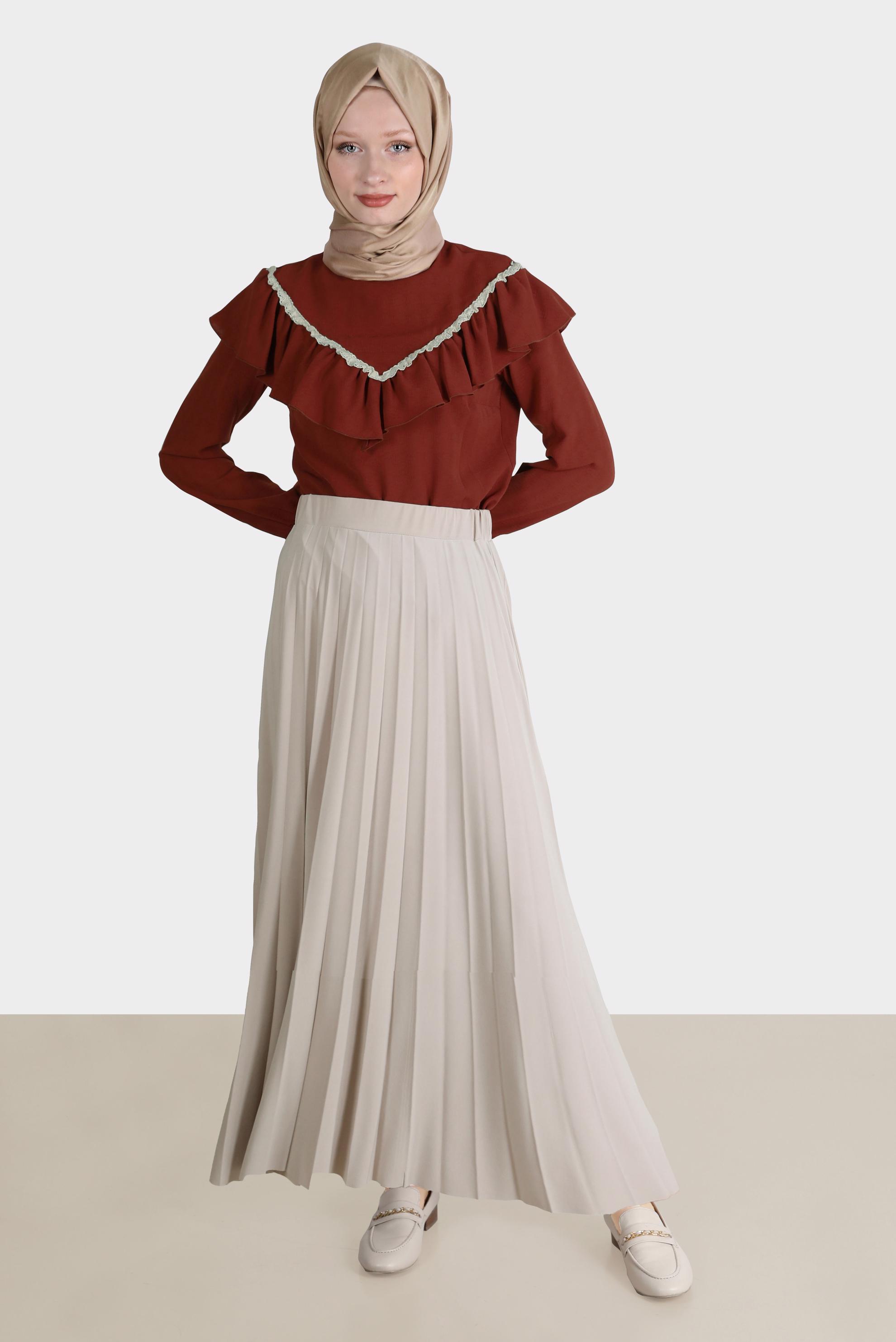 Tesettür giyim TURUNCU GÜPÜR DETAYLI FIRFIRLI BLUZ 42804 