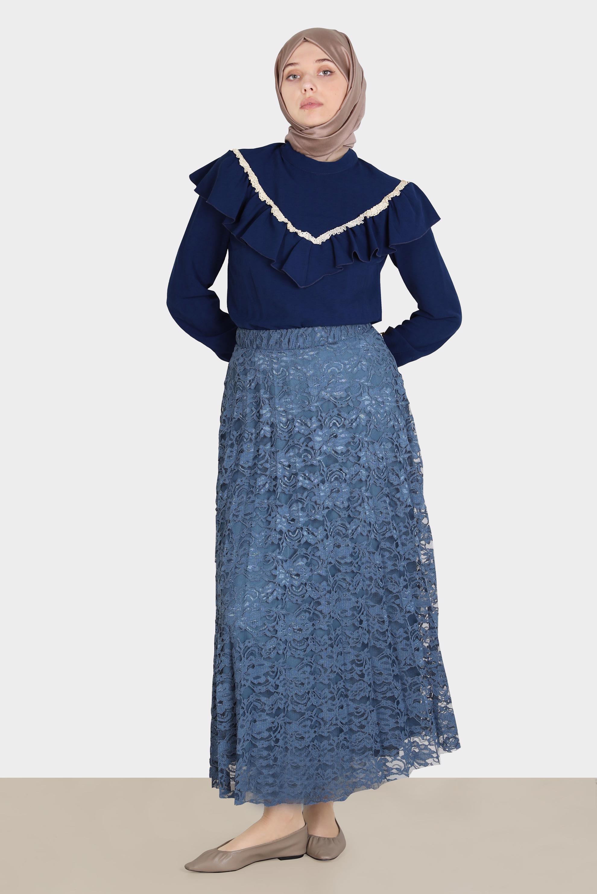 Tesettür giyim LACİVERT GÜPÜR DETAYLI FIRFIRLI BLUZ 42804 