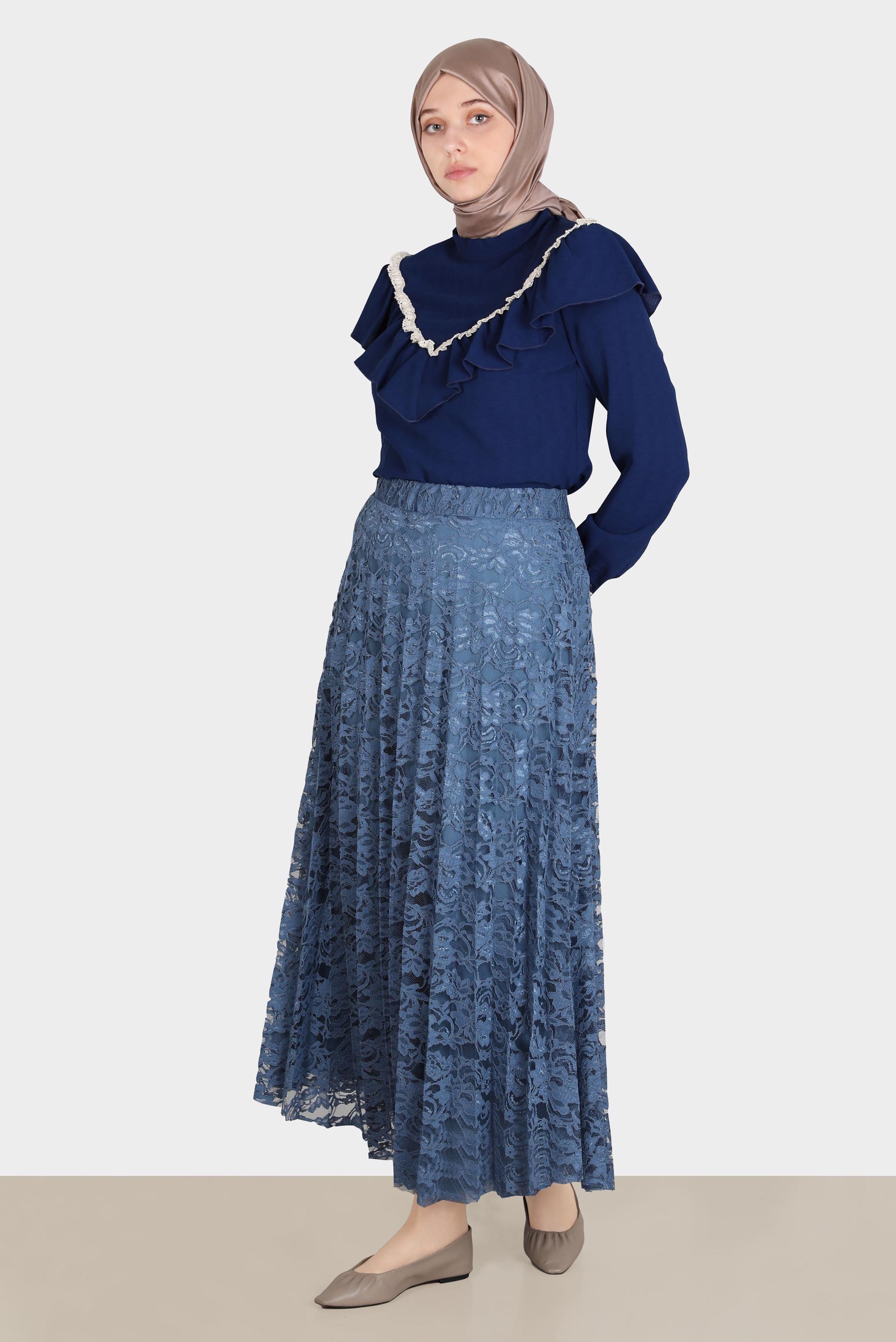Tesettür giyim LACİVERT GÜPÜR DETAYLI FIRFIRLI BLUZ 42804 
