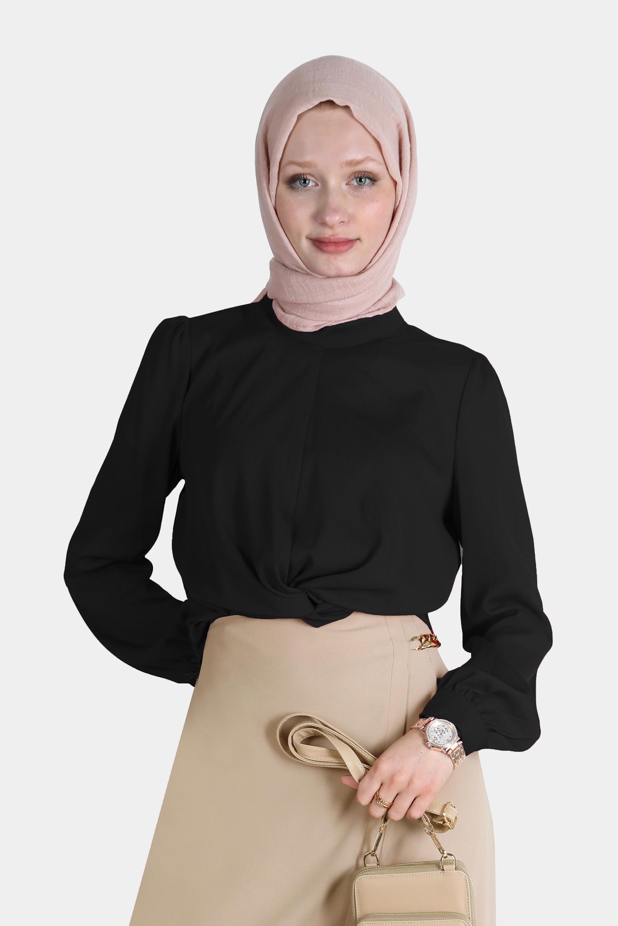 Tesettür giyim SİYAH BAĞLAMA DETAYLI BLUZ 42805 